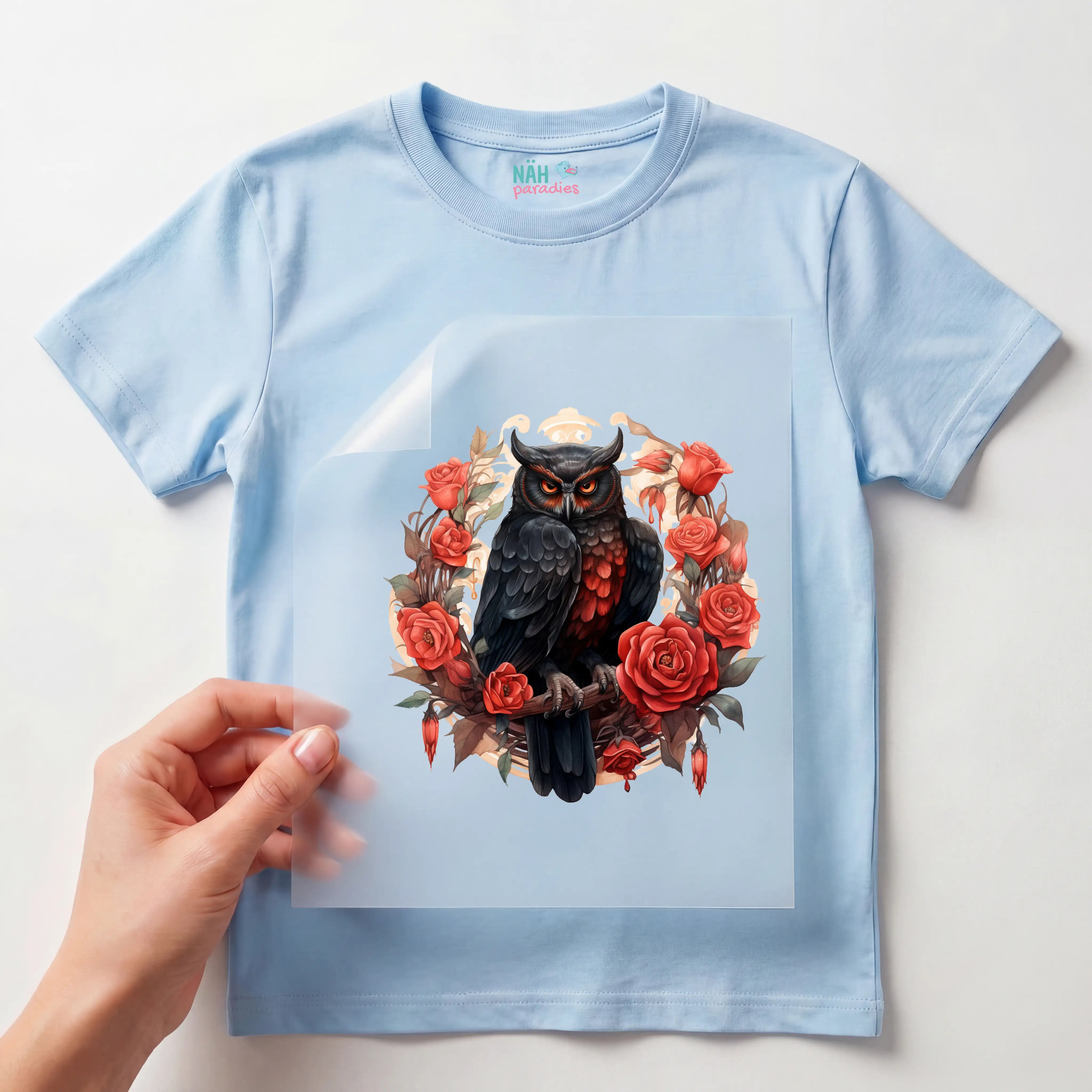 Bügelbild Schwarze Rosen Eule