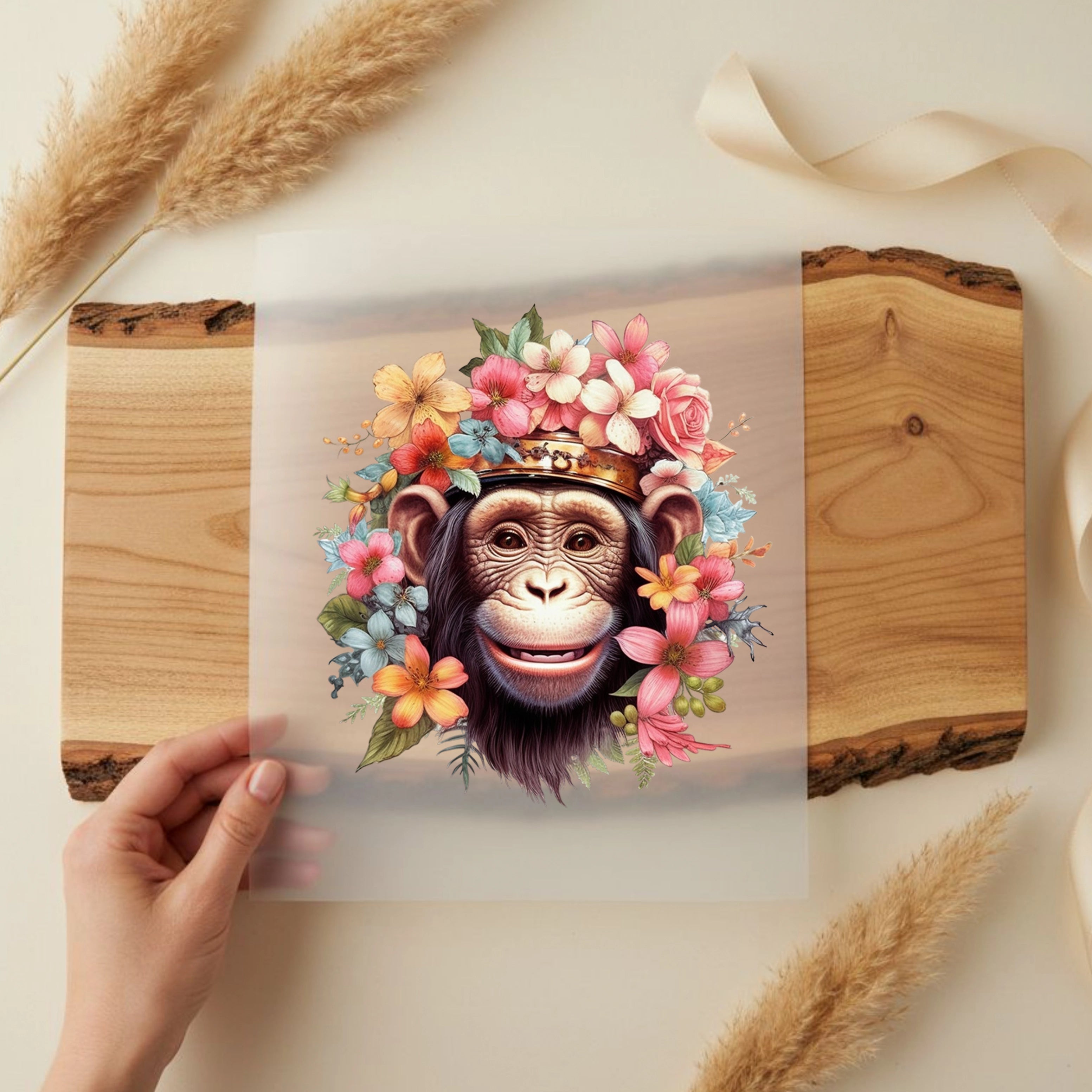 Bügelbild Blumen Affe Bob