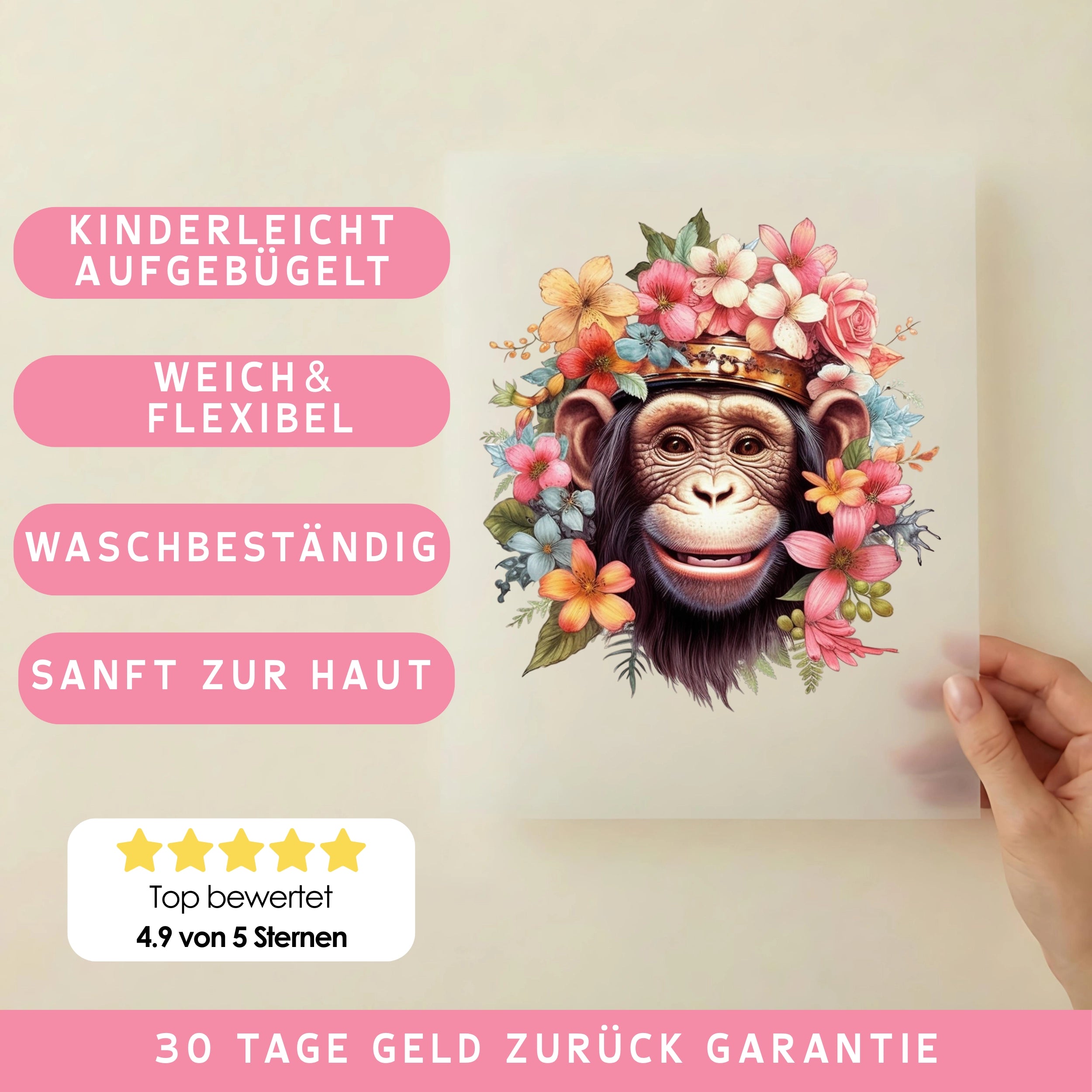 Bügelbild Blumen Affe Bob