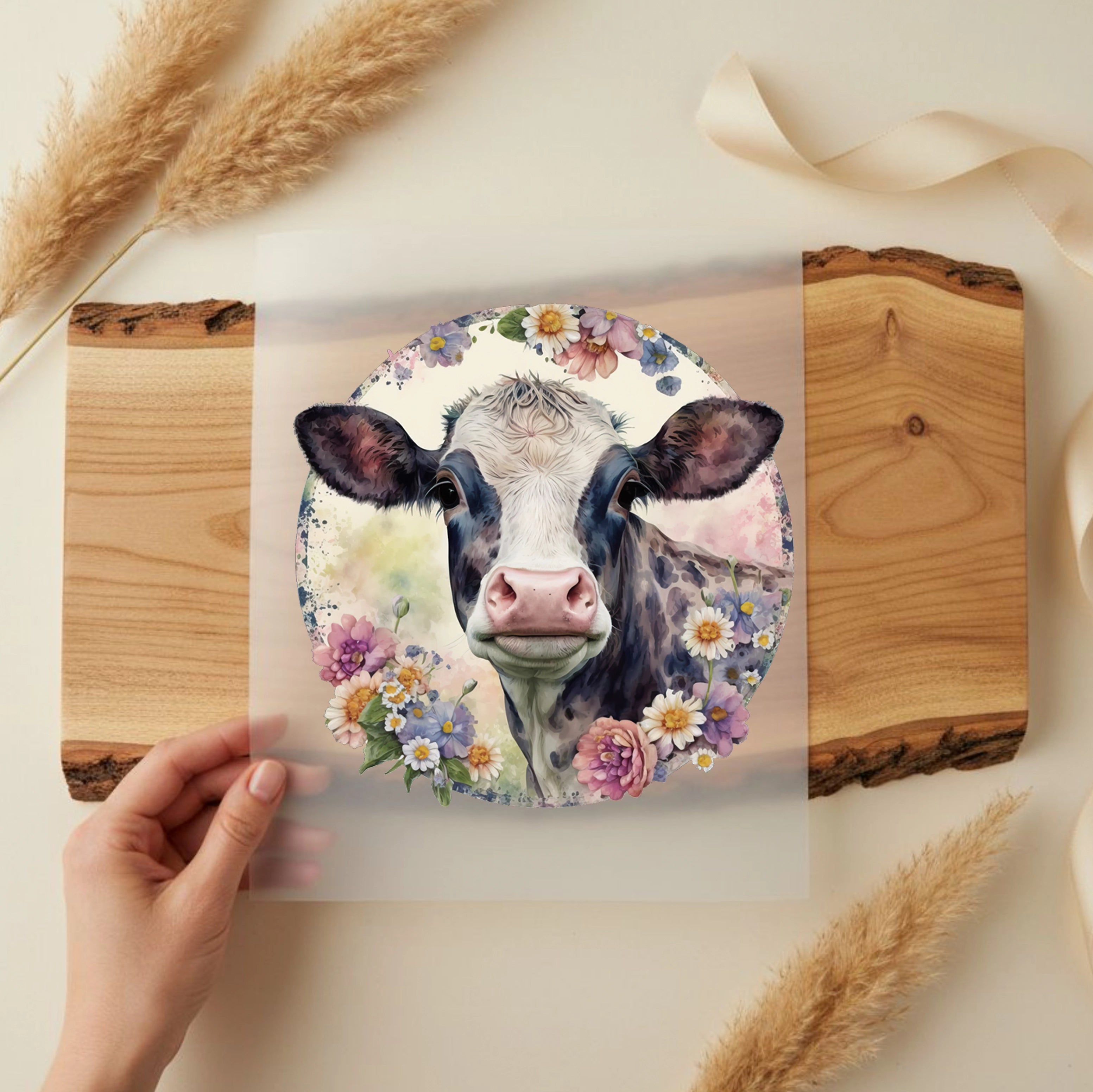 Bügelbild Kuh Blumenweide