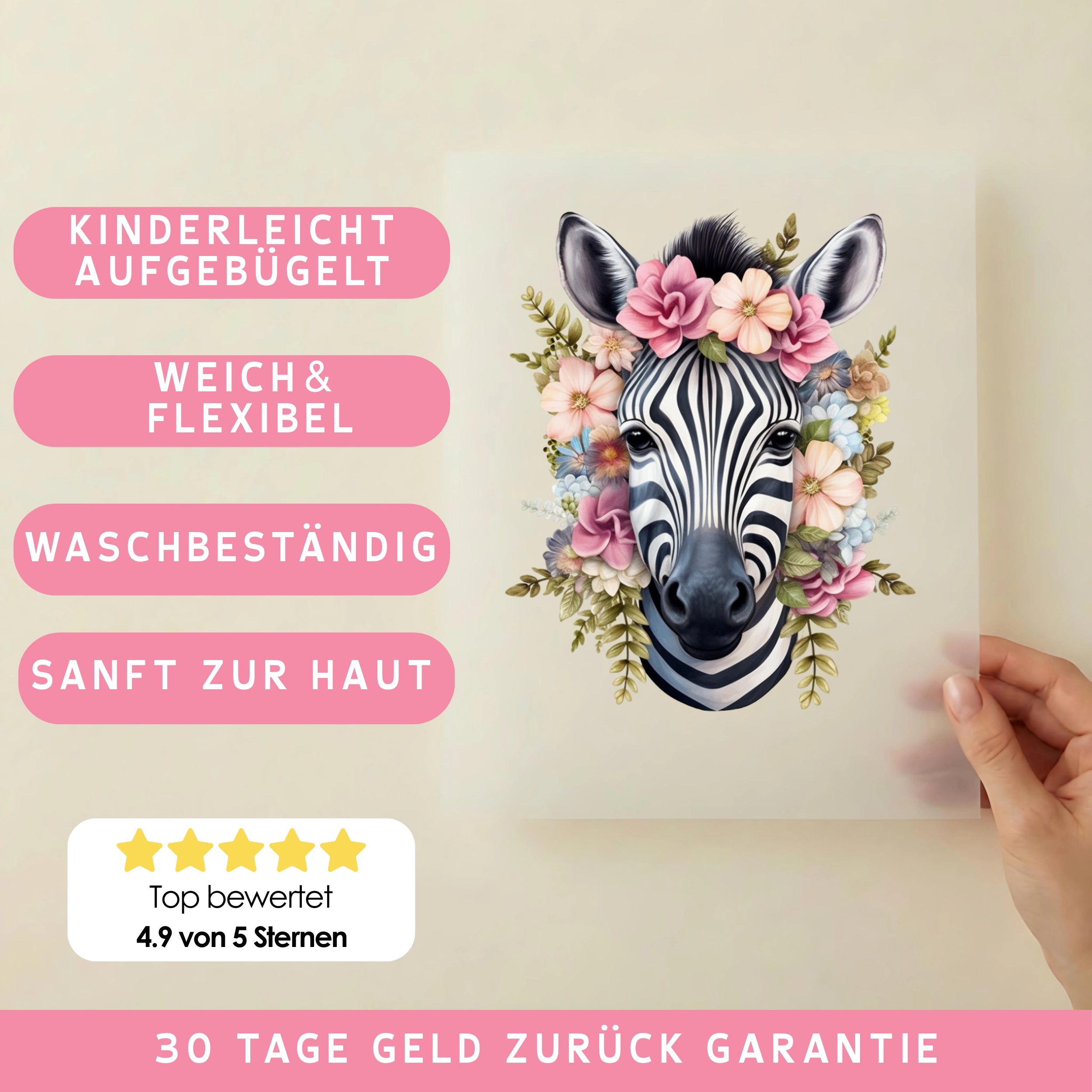 Bügelbild Blumen Zebra