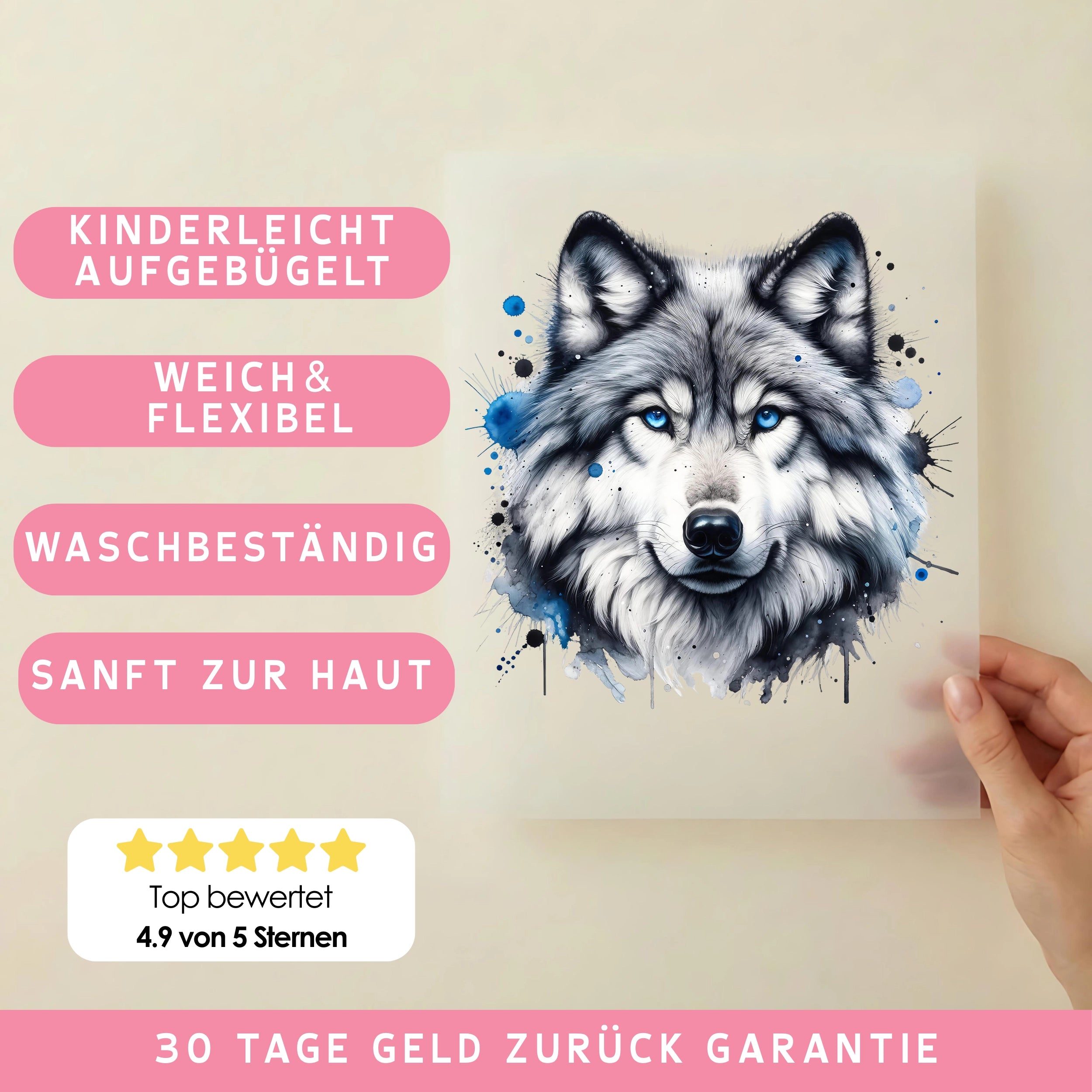 Bügelbild Wolf Blauäugiger Jäger
