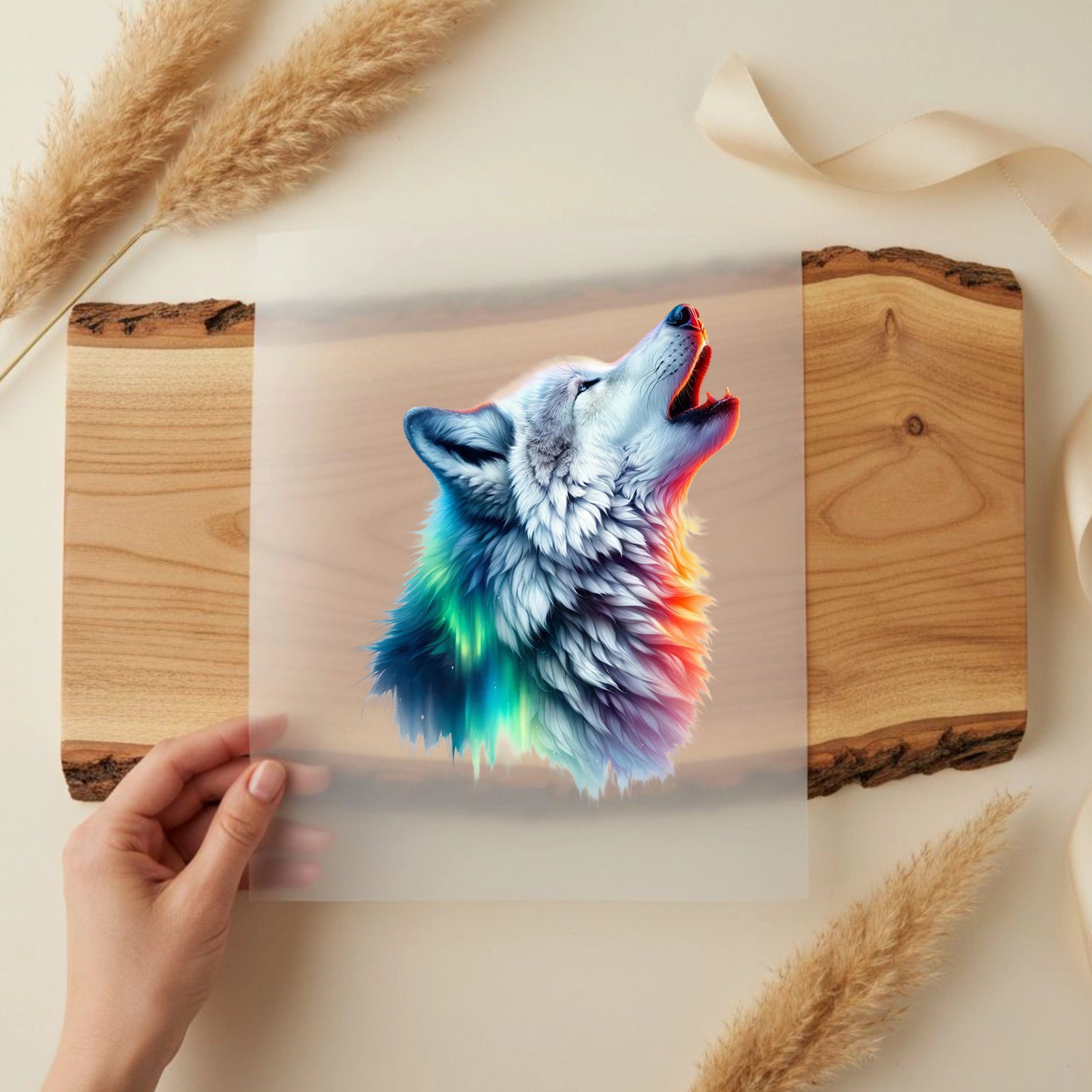 Bügelbild Wolf Polarlichtgesang