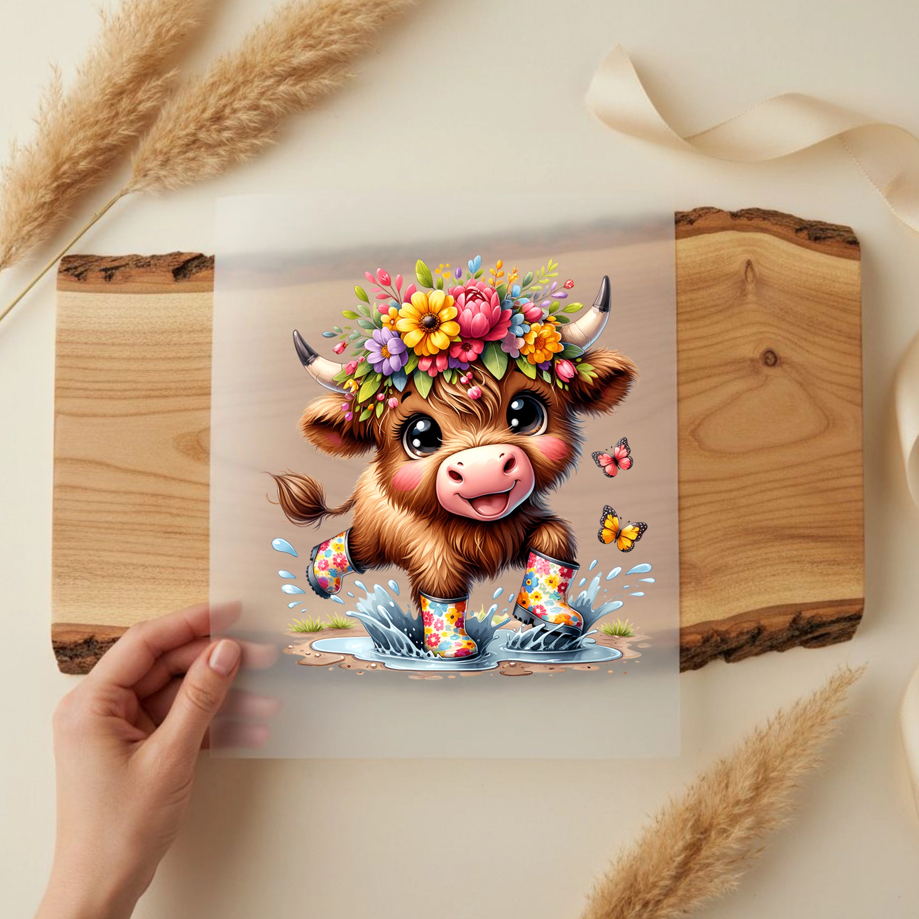 Bügelbild Highland Kuh Plitsch Platsch Gummistiefel