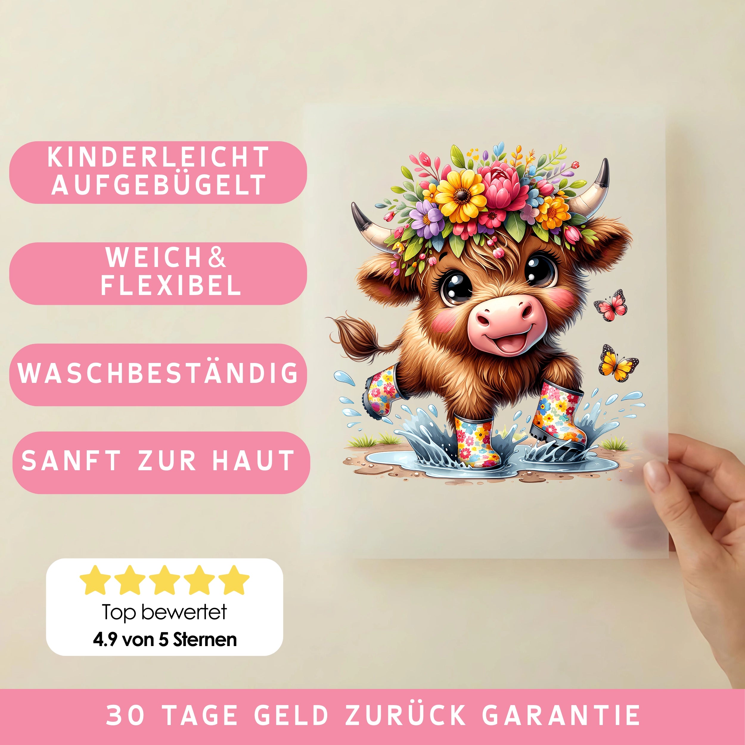 Bügelbild Highland Kuh Plitsch Platsch Gummistiefel