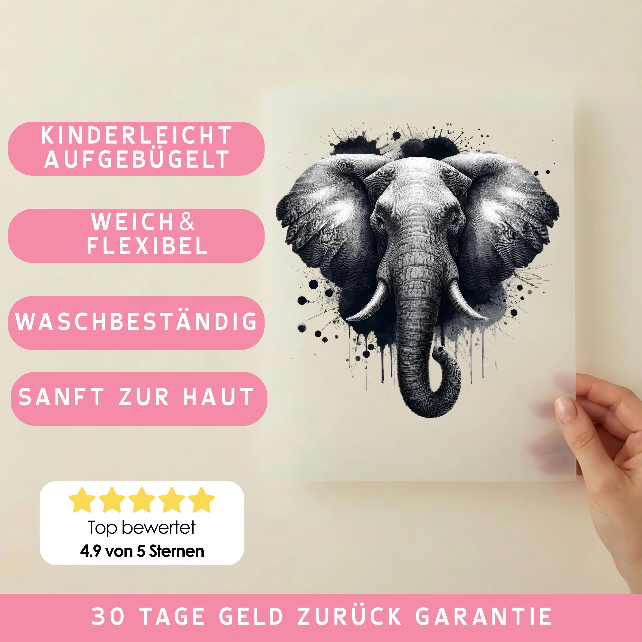 Bügelbild Elefant graue Kraft