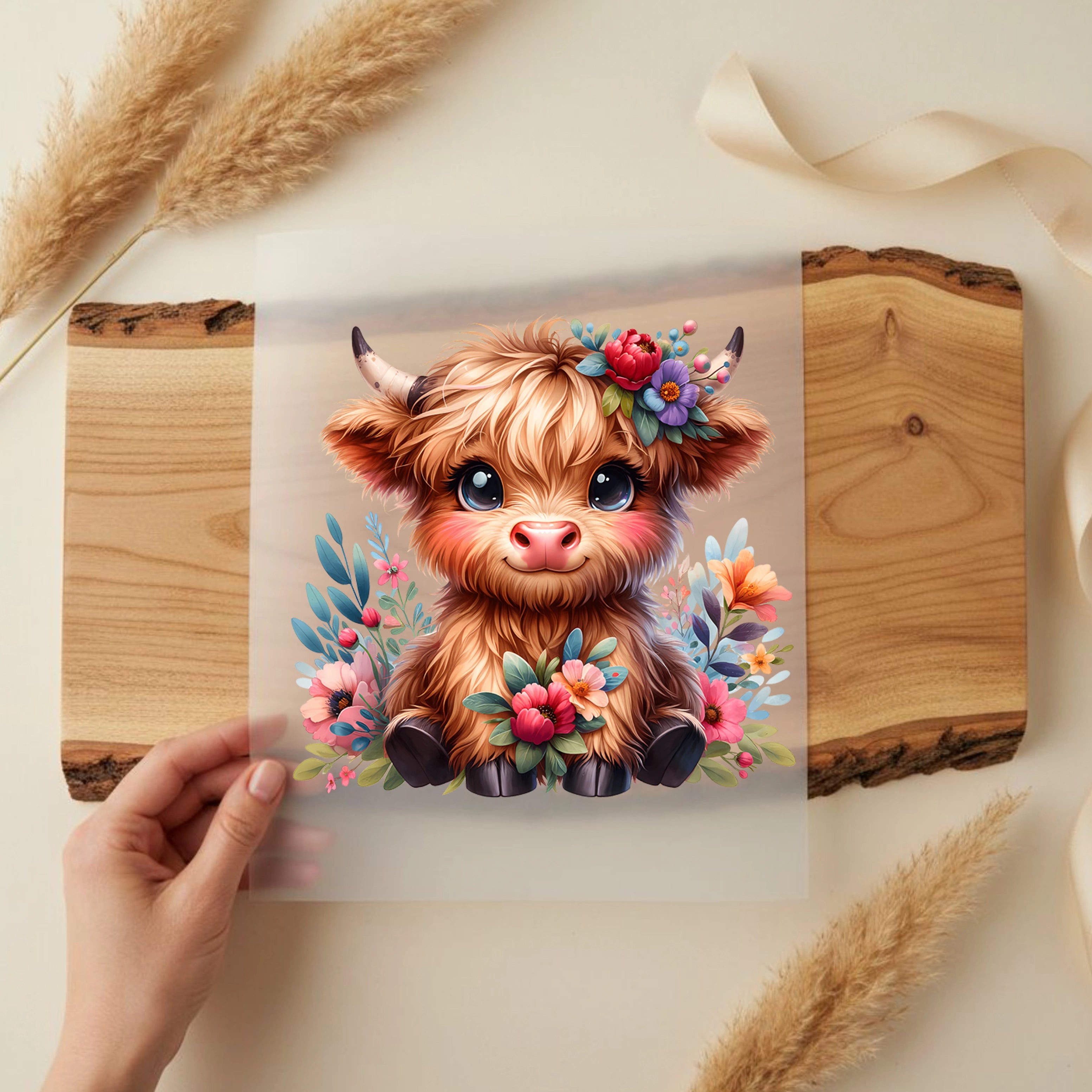 Bügelbild Highland Kuh Frida mit Frühlingsblumen