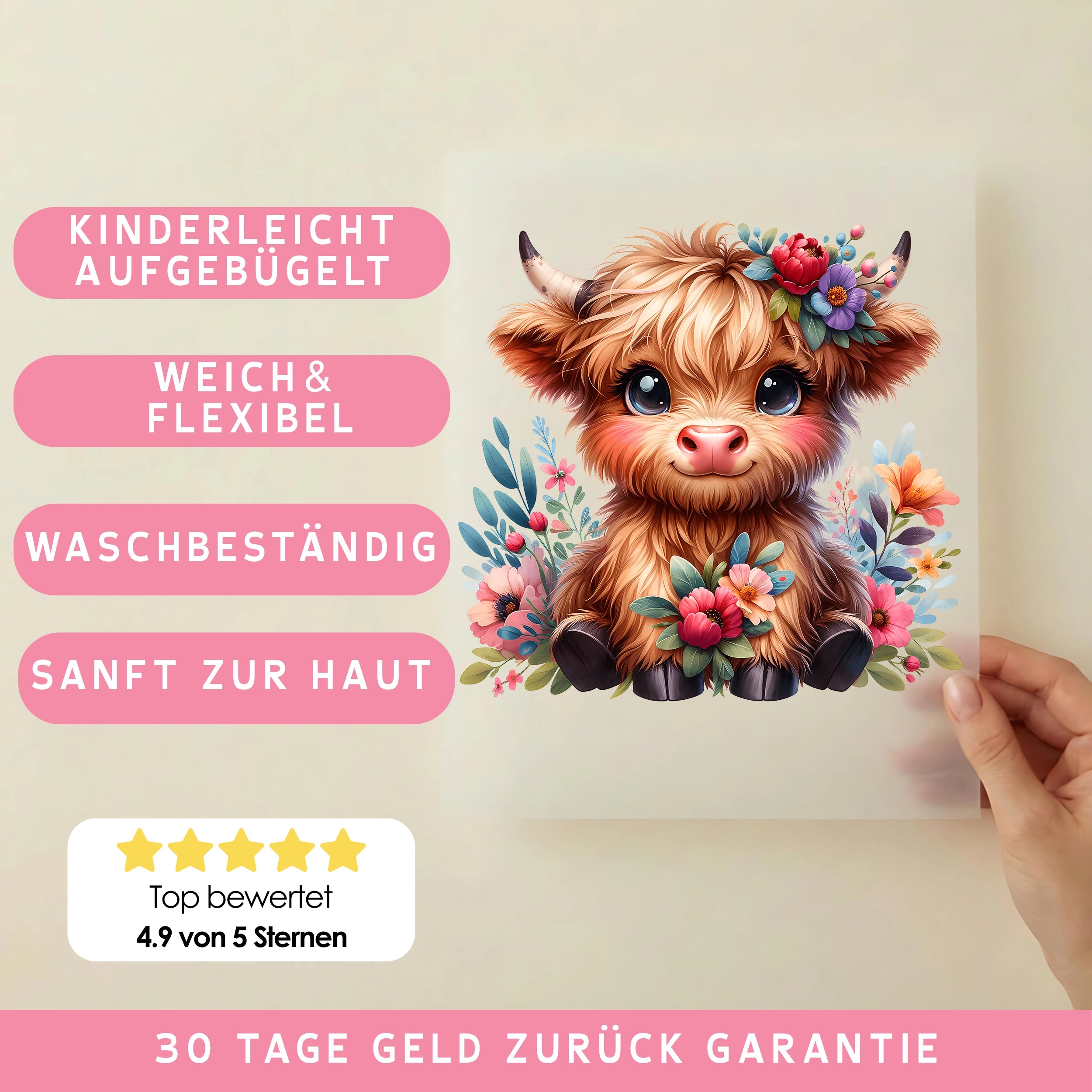 Bügelbild Highland Kuh Frida mit Frühlingsblumen