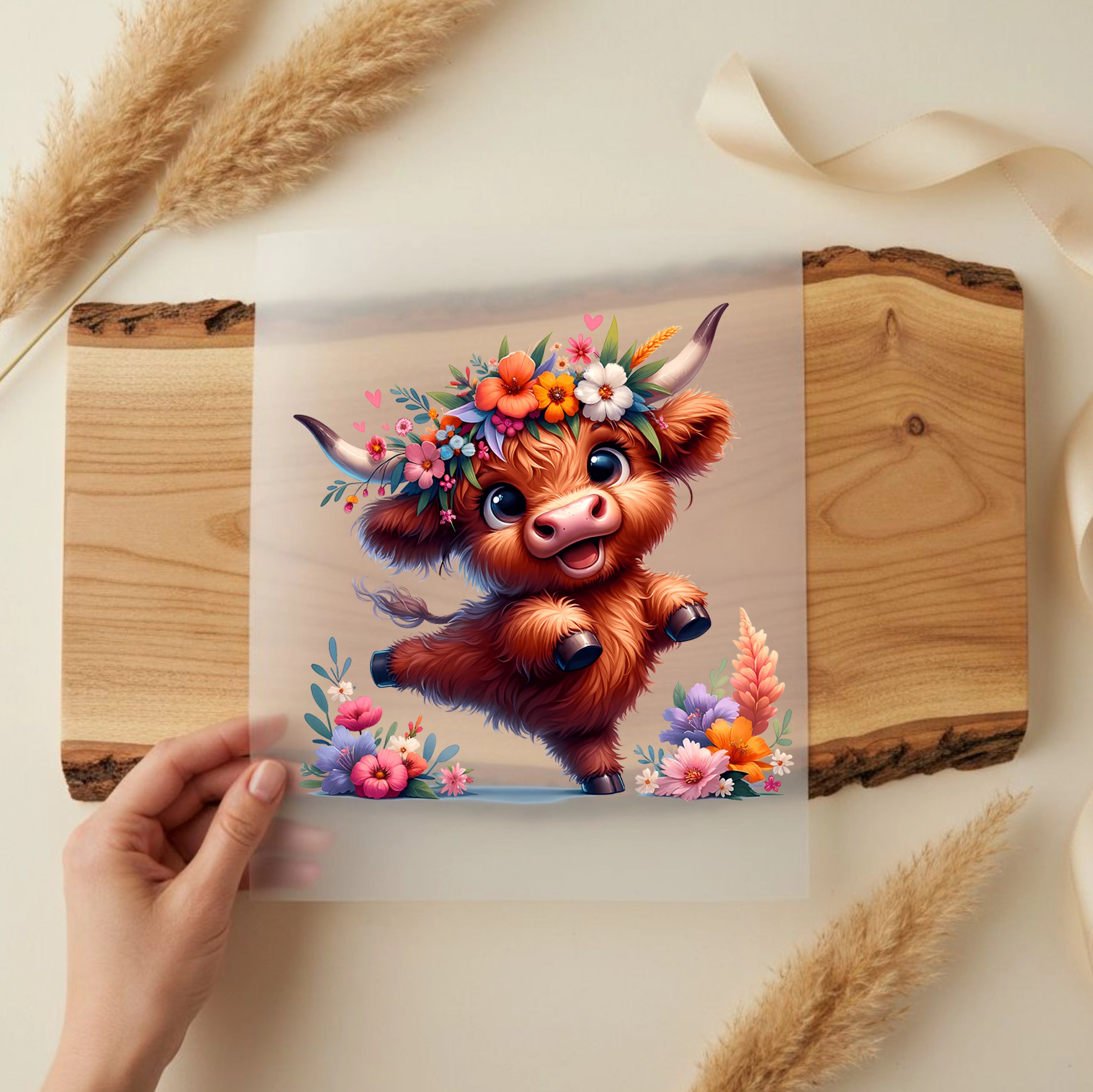 Bügelbild Highland Kuh Livi Blumentanz