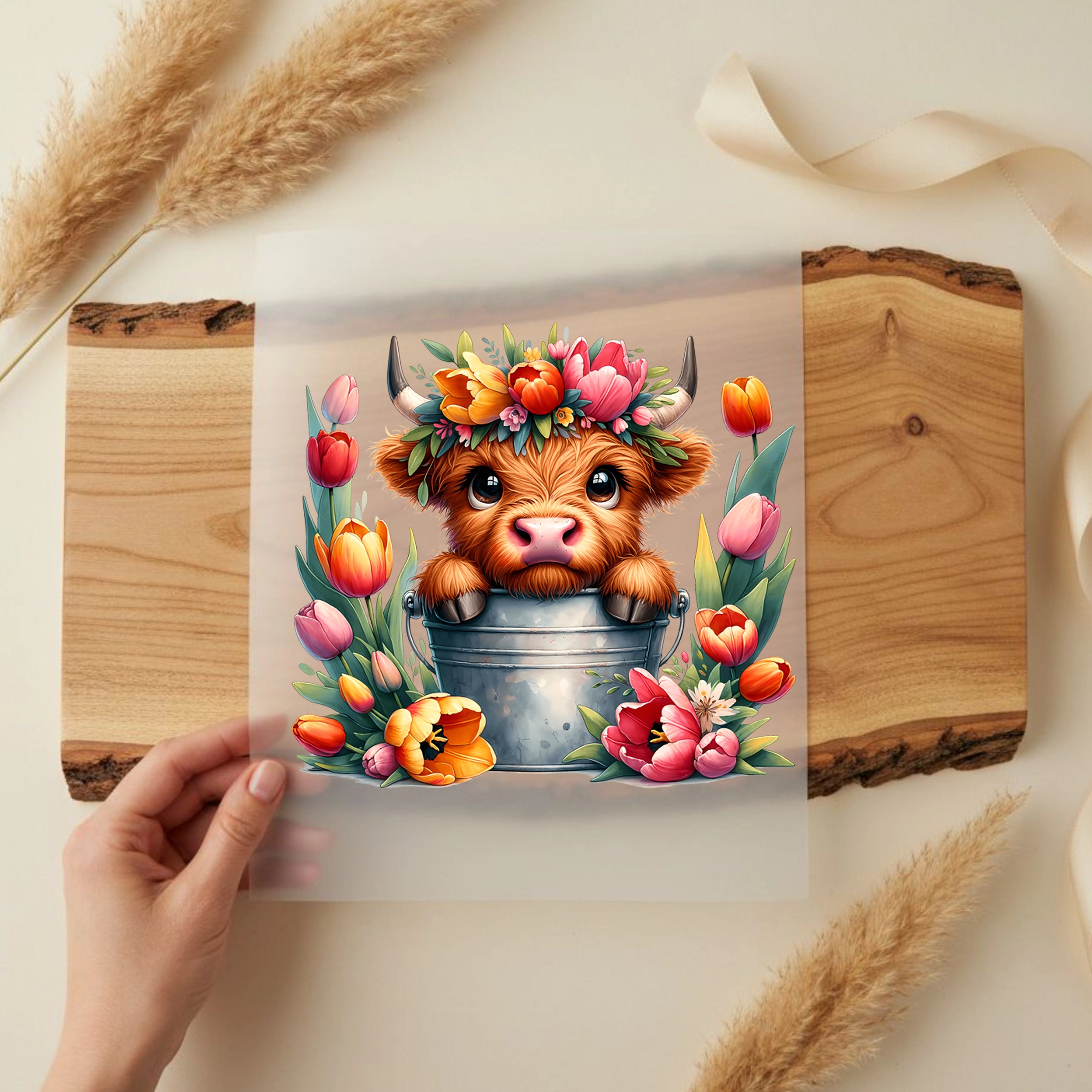 Bügelbild Kuh Tulpenglück