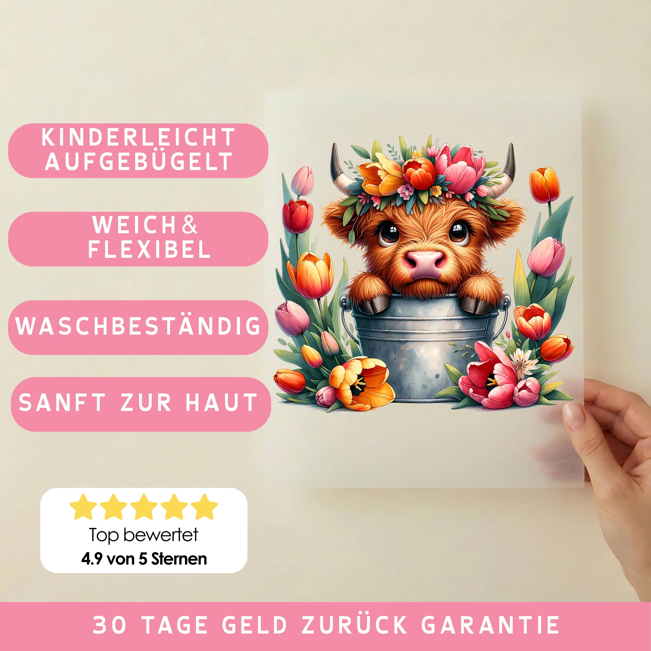 Bügelbild Kuh Tulpenglück