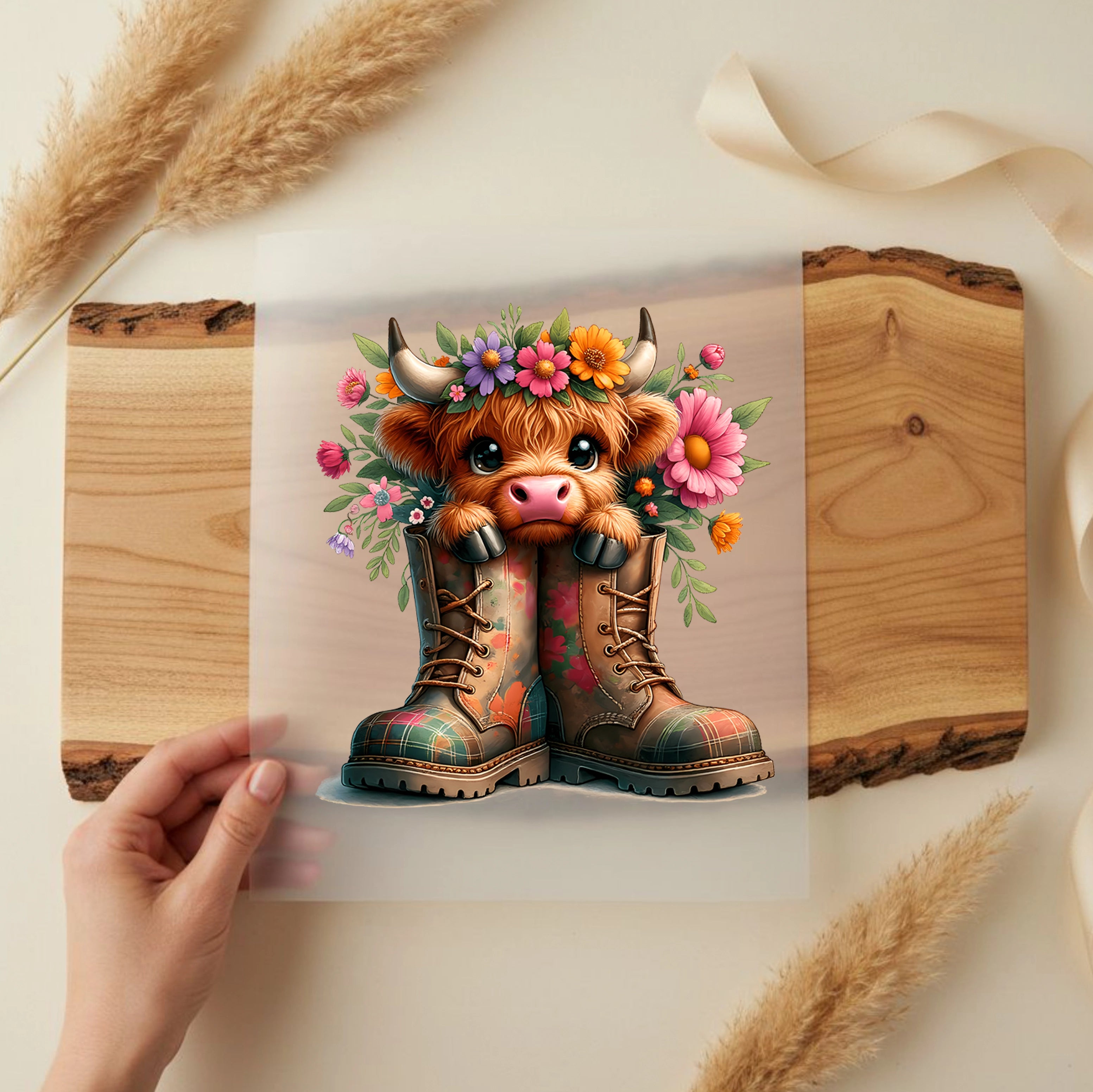 Bügelbild Highland Kuh Pippa im Stiefel