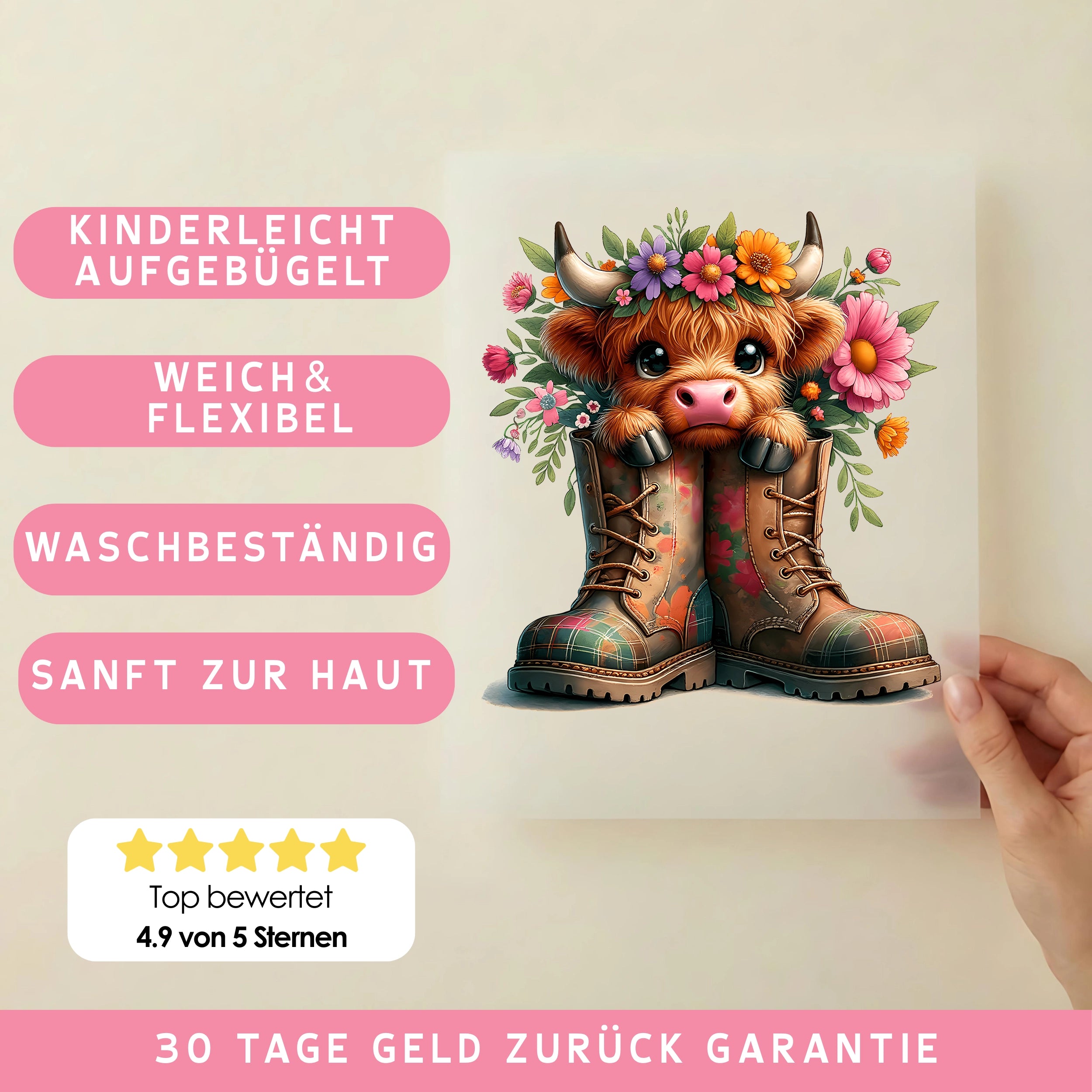 Bügelbild Highland Kuh Pippa im Stiefel