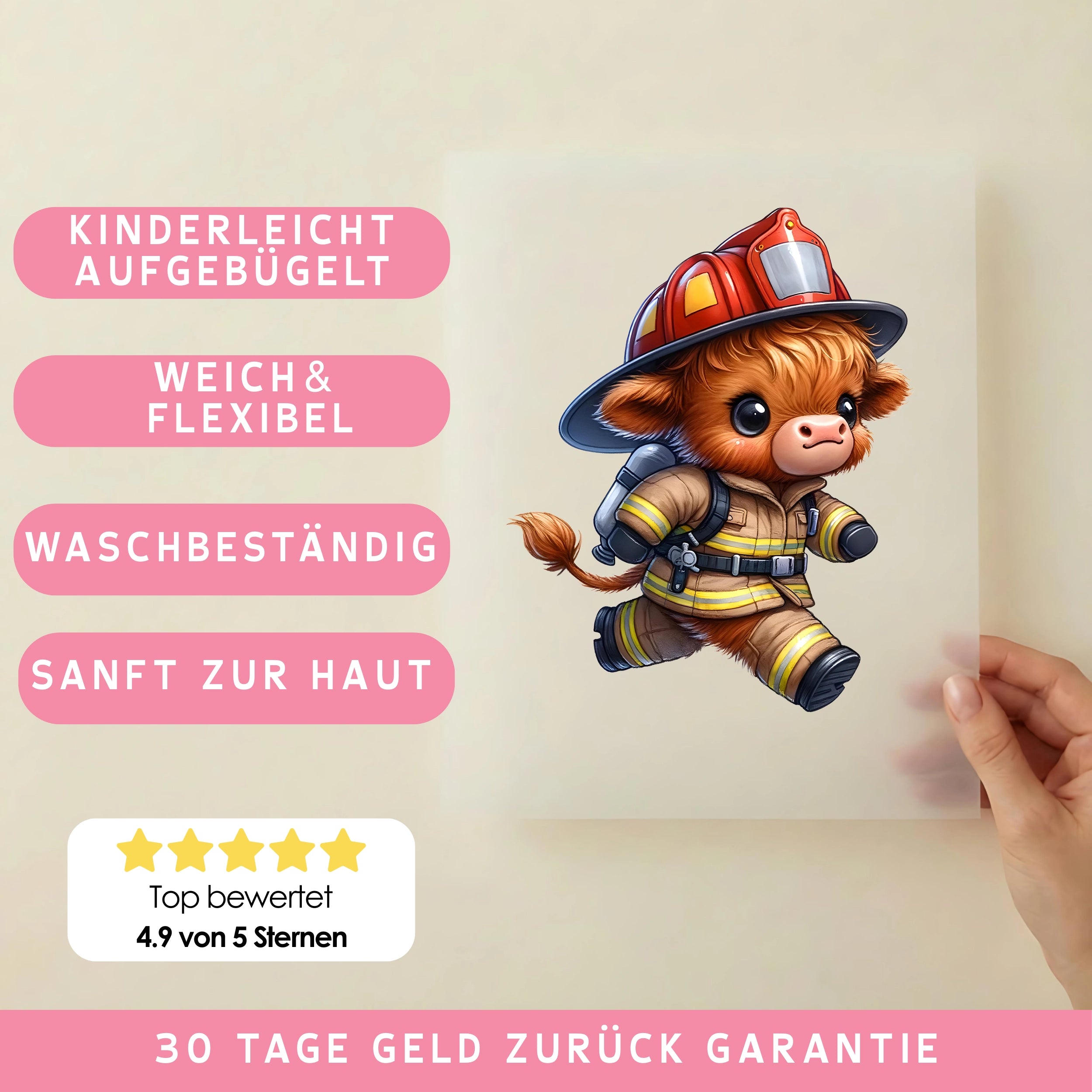 Bügelbild Highland Kuh Feuerwehrheld