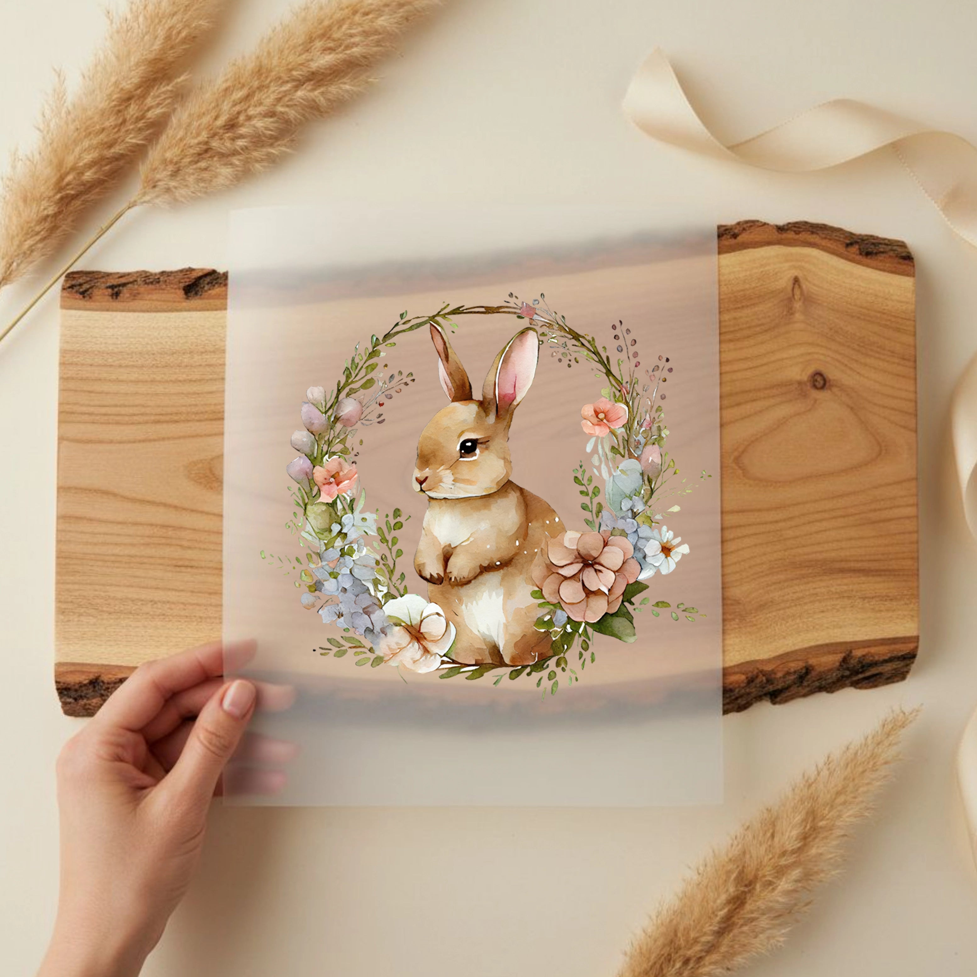 Bügelbild Hasen Kranz