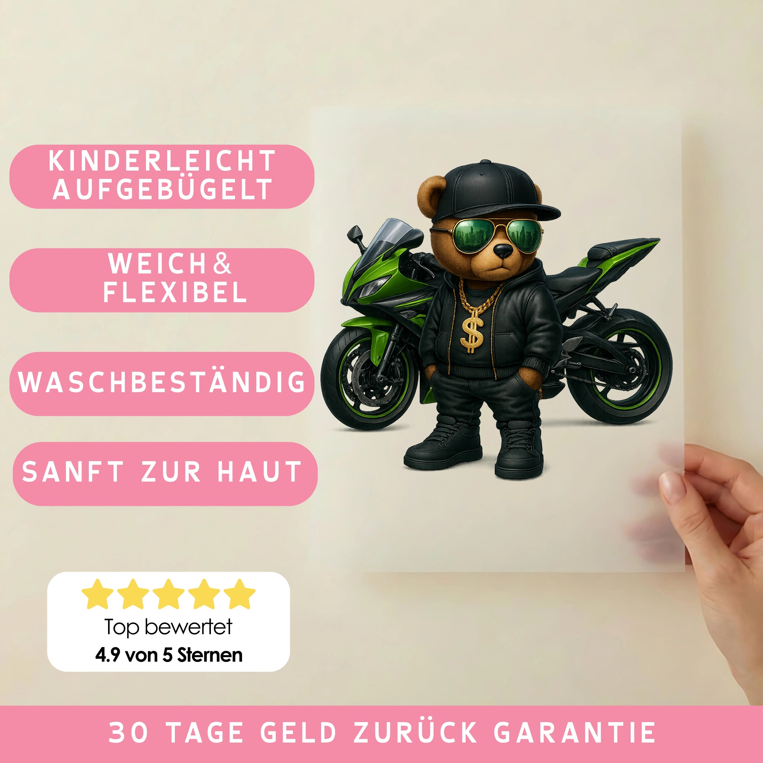 Bügelbild Bär Motorradking