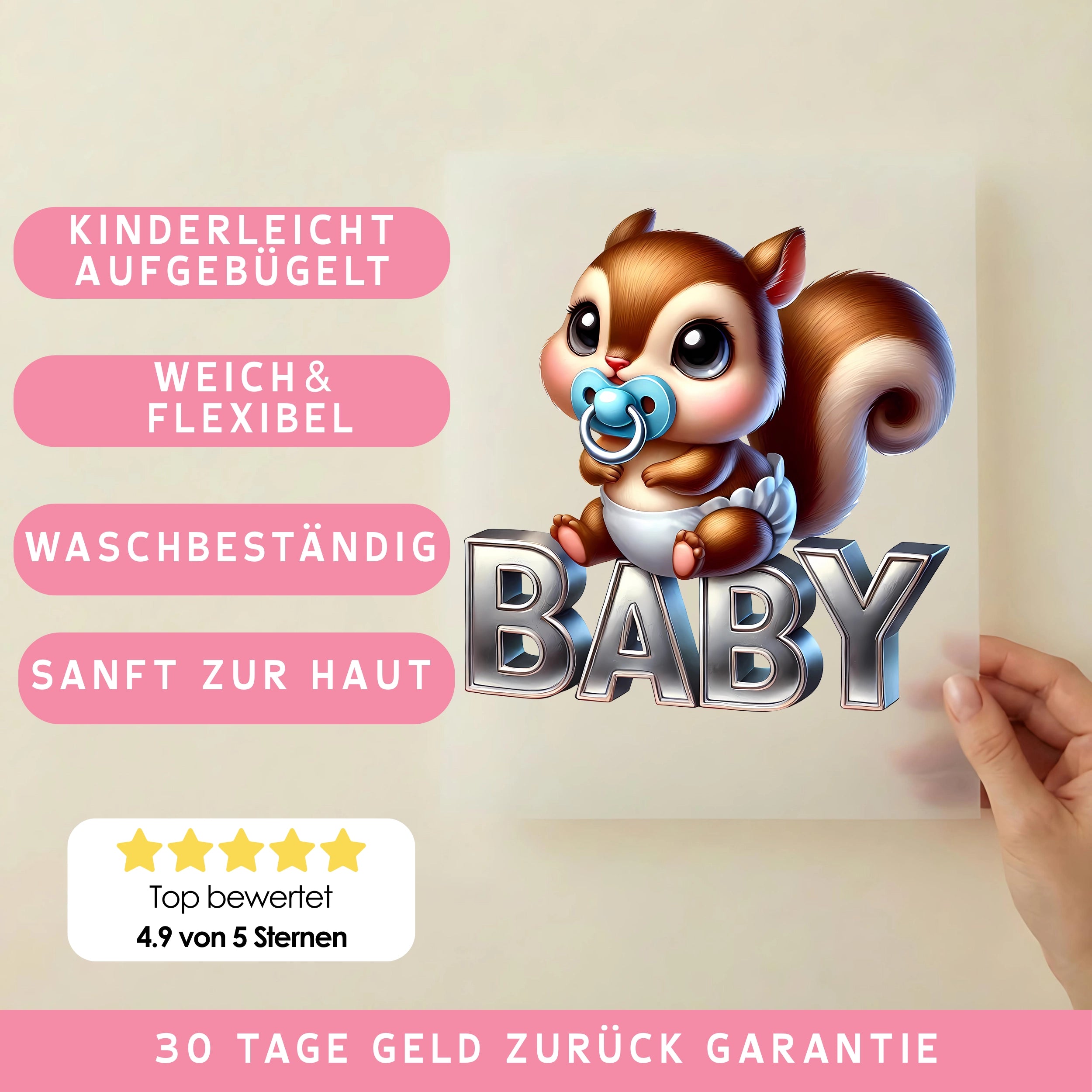 Bügelbild Baby Eichhörnchen Nussglück