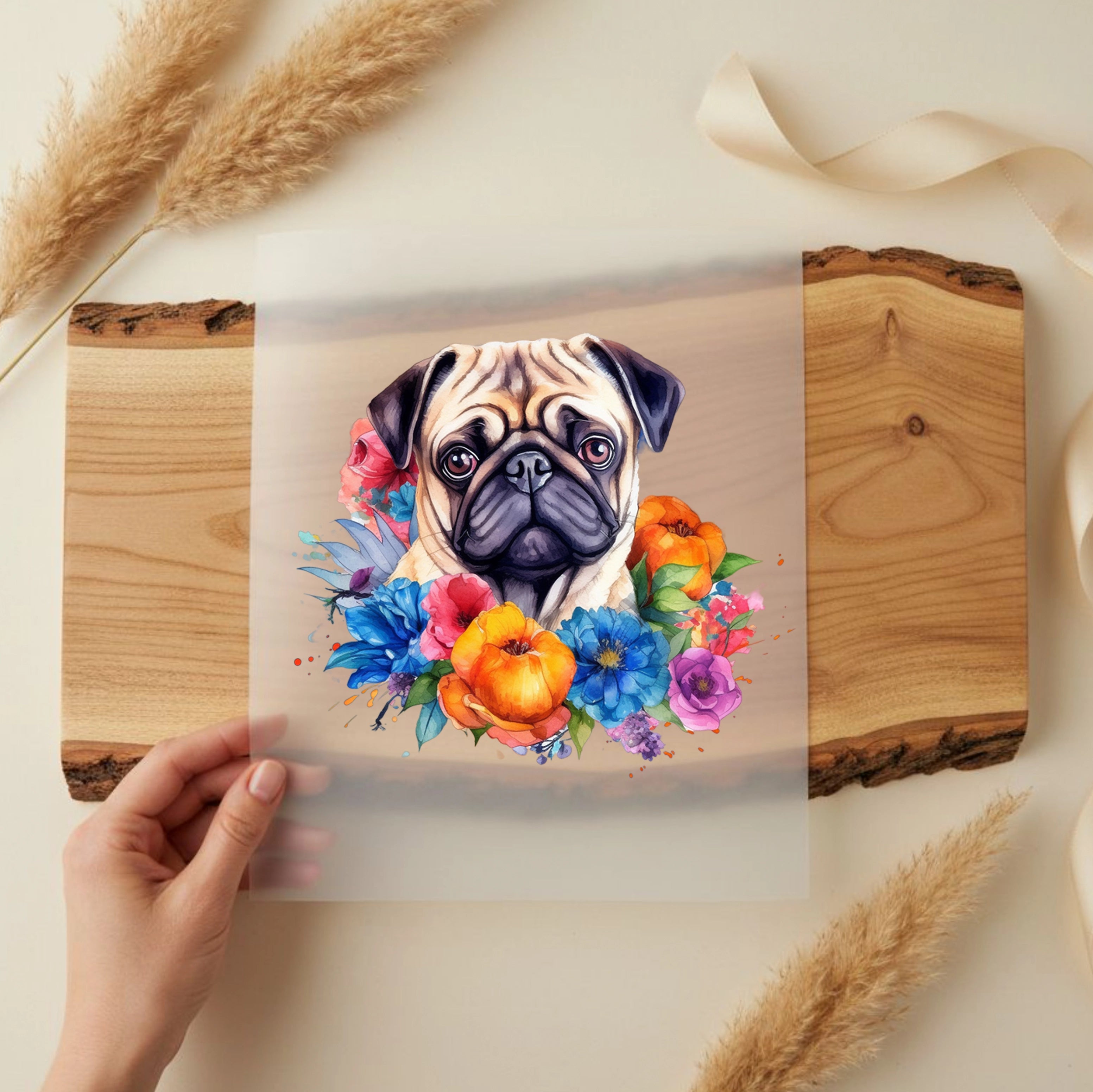 Bügelbild Hund Mops Blumen
