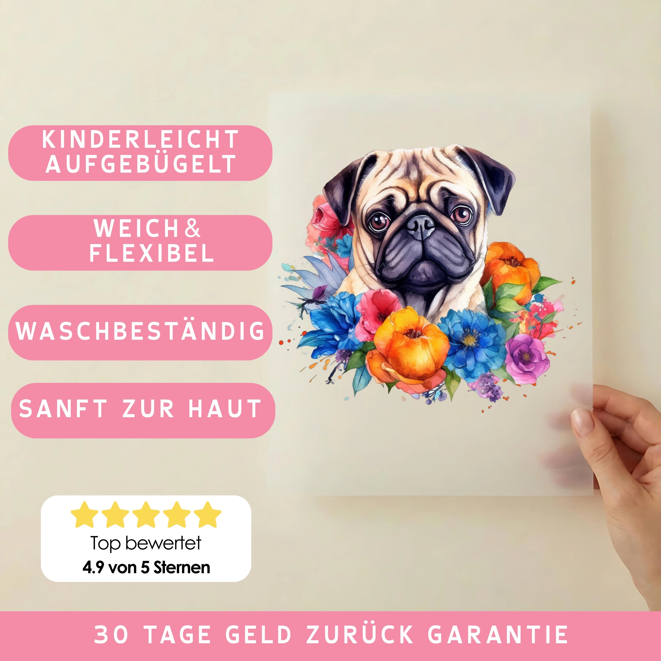 Bügelbild Hund Mops Blumen