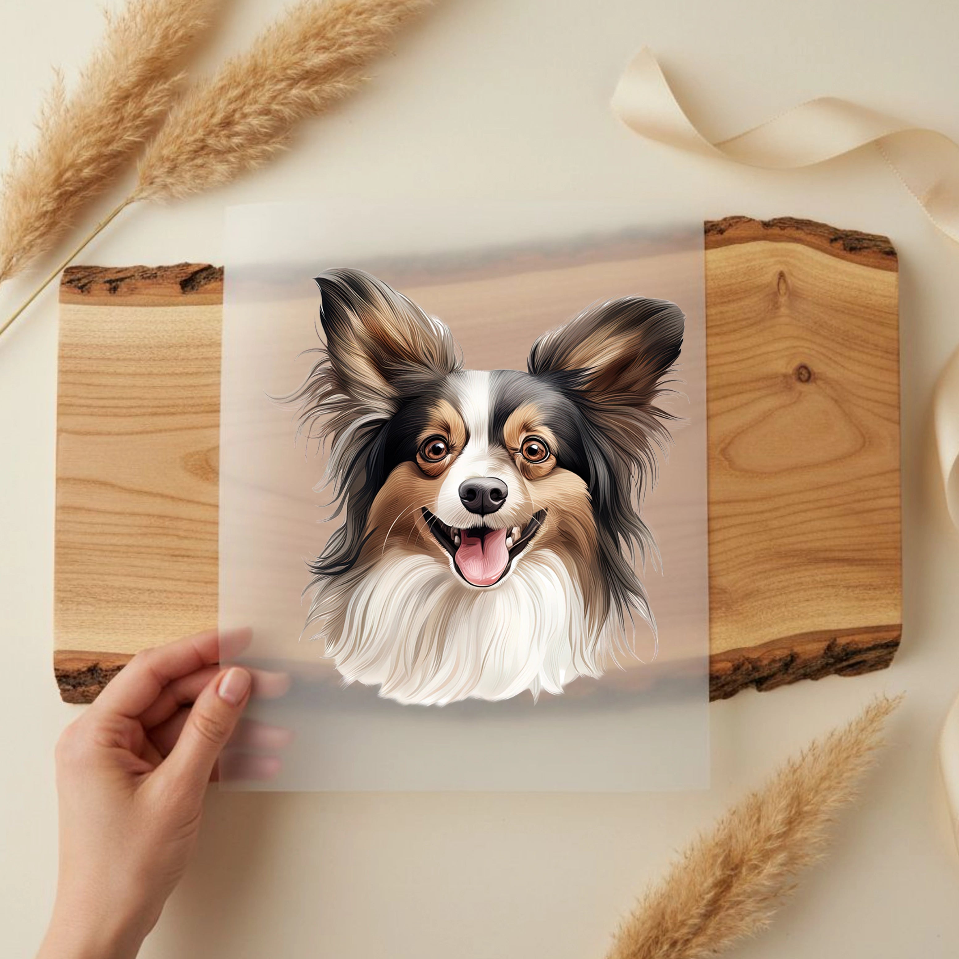 Bügelbild Hund Papillon Zwergspaniel Braun