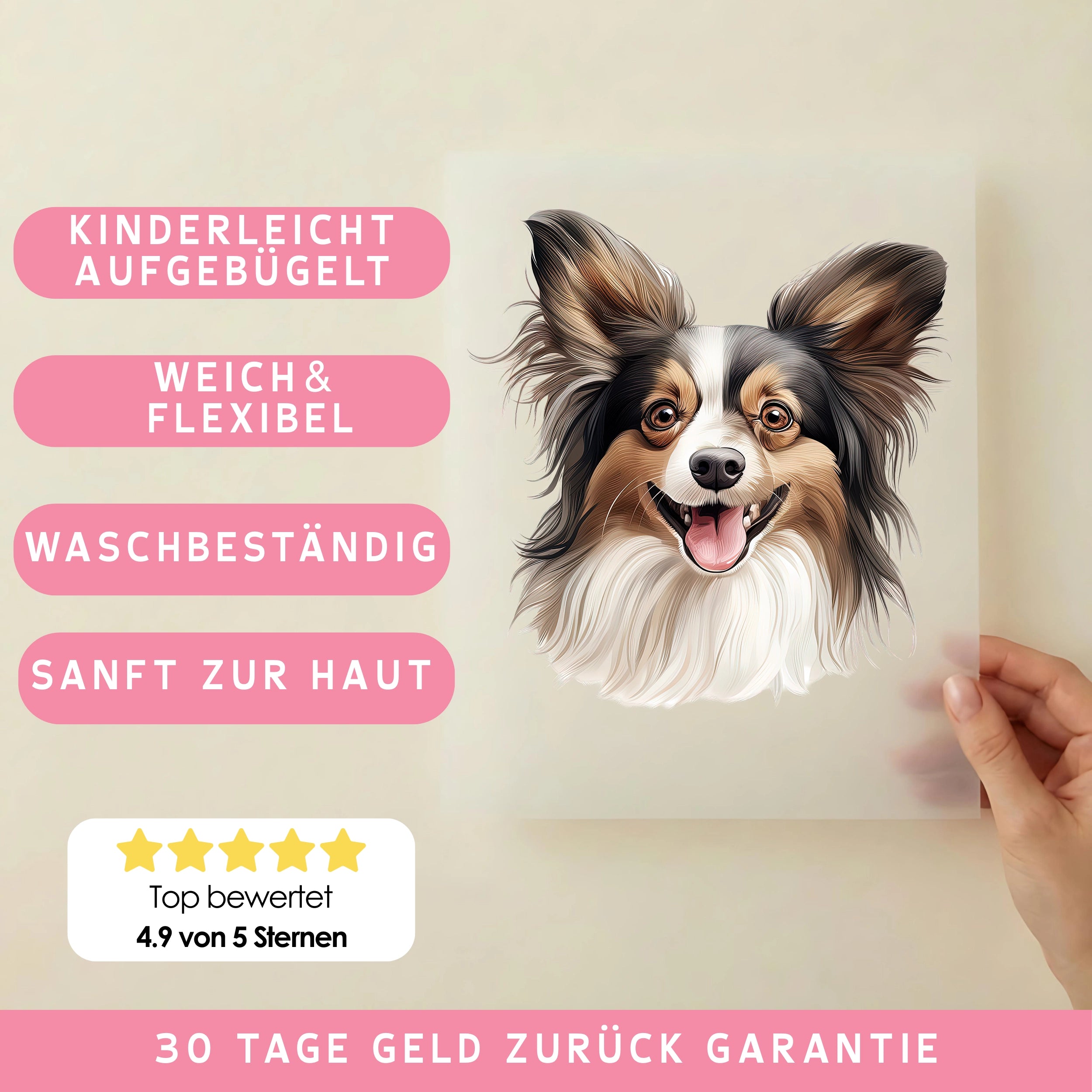 Bügelbild Hund Papillon Zwergspaniel Braun