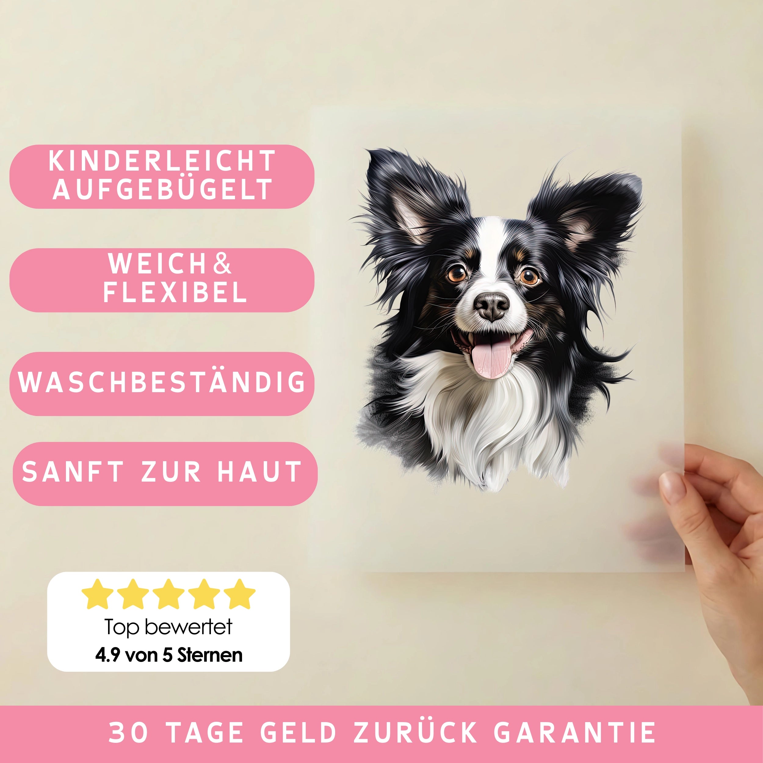 Bügelbild Hund Papillon Zwergspaniel Schwarz