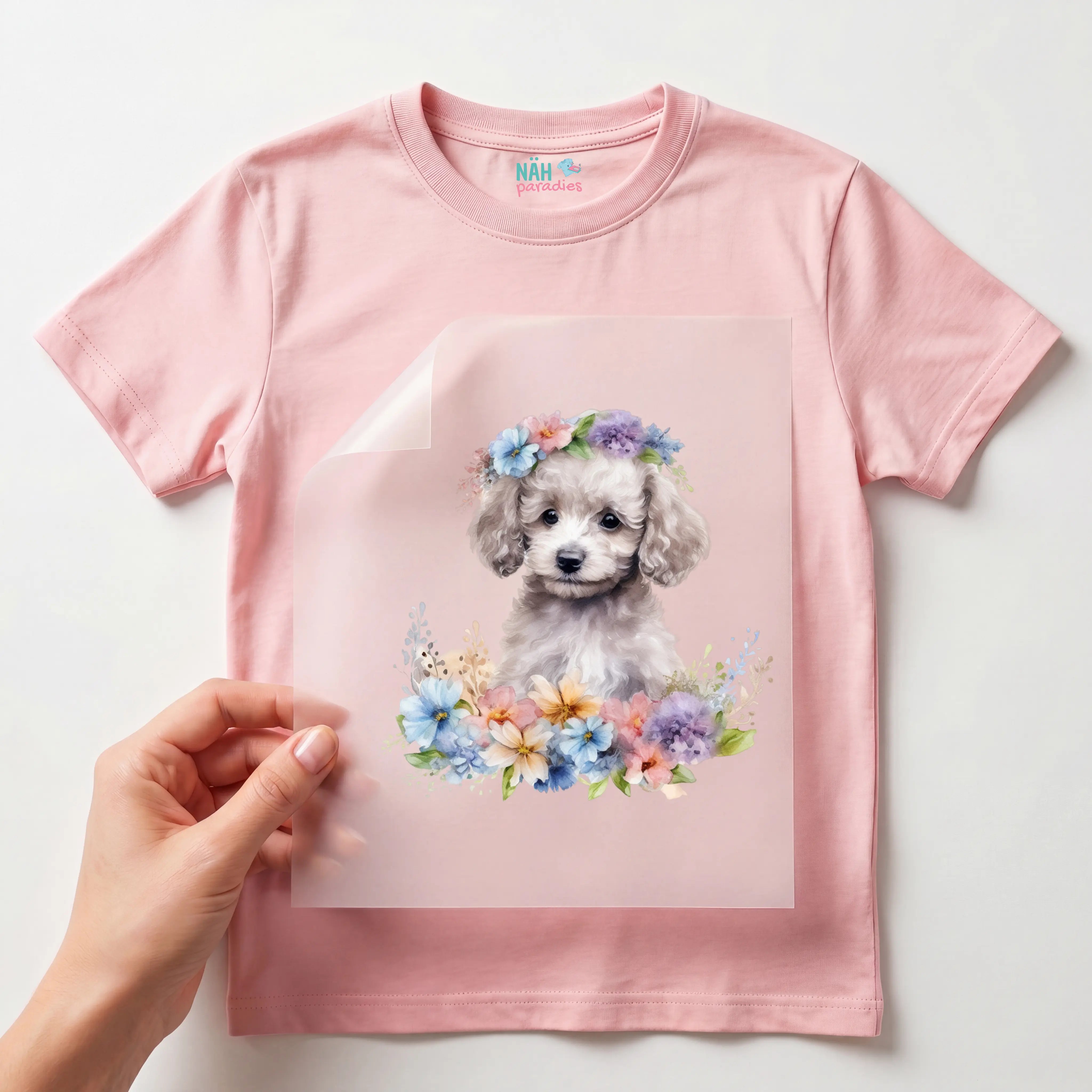 Bügelbild Hund Pudel Weiß Blumen