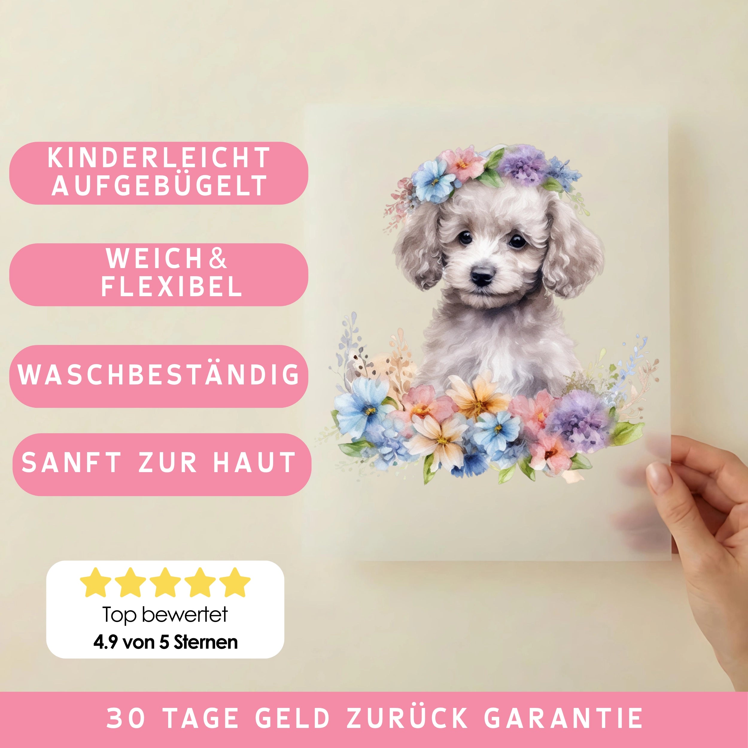 Bügelbild Hund Pudel Weiß Blumen