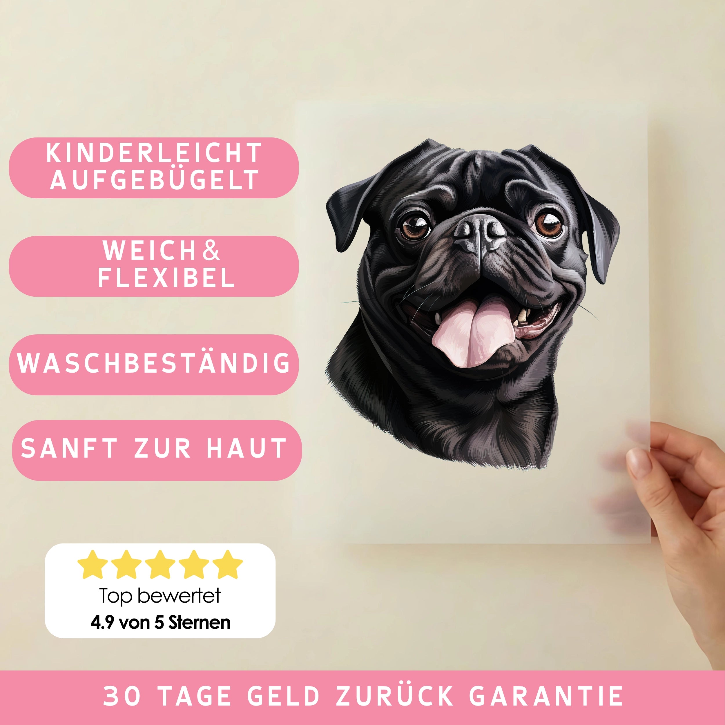 Bügelbild Hund Mops Schwarz