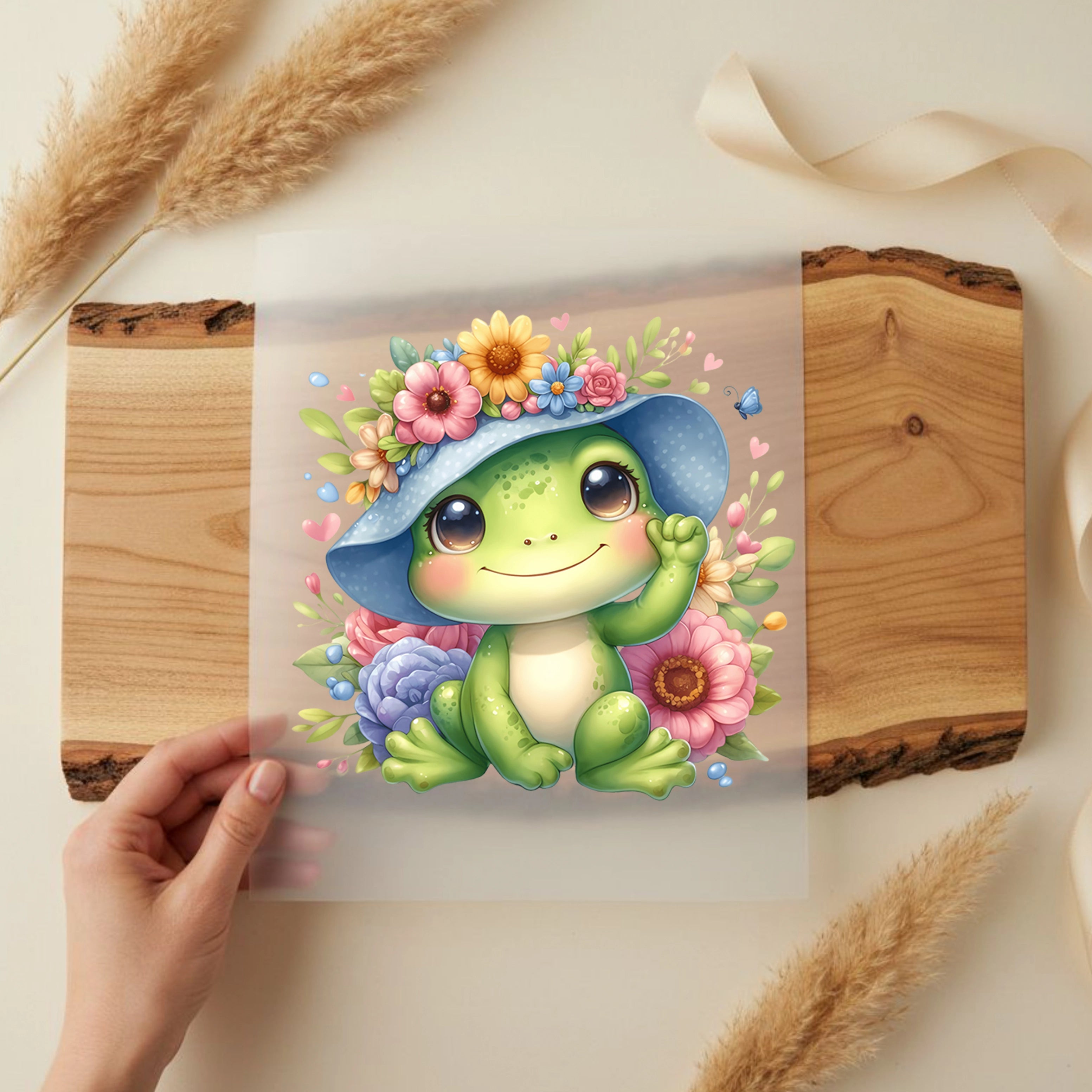 Bügelbild Blüten Frosch