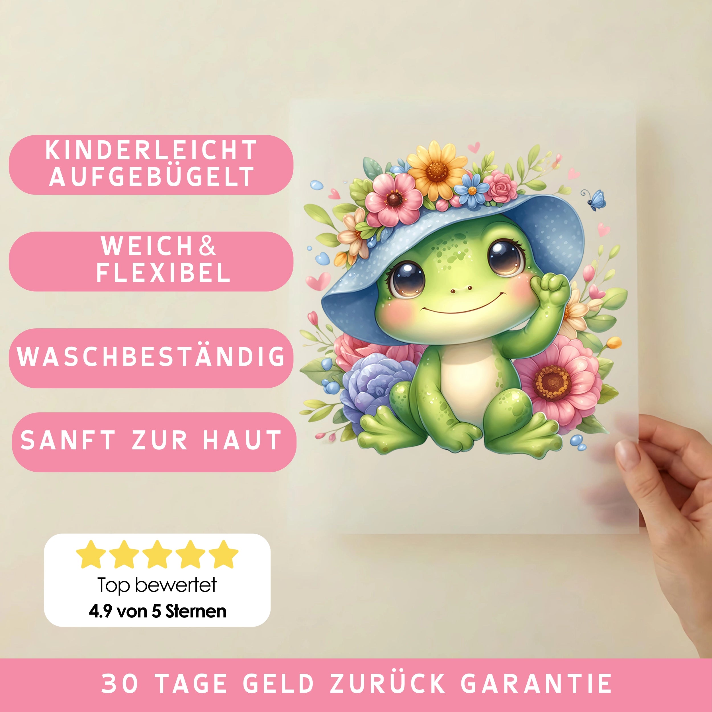 Bügelbild Blüten Frosch