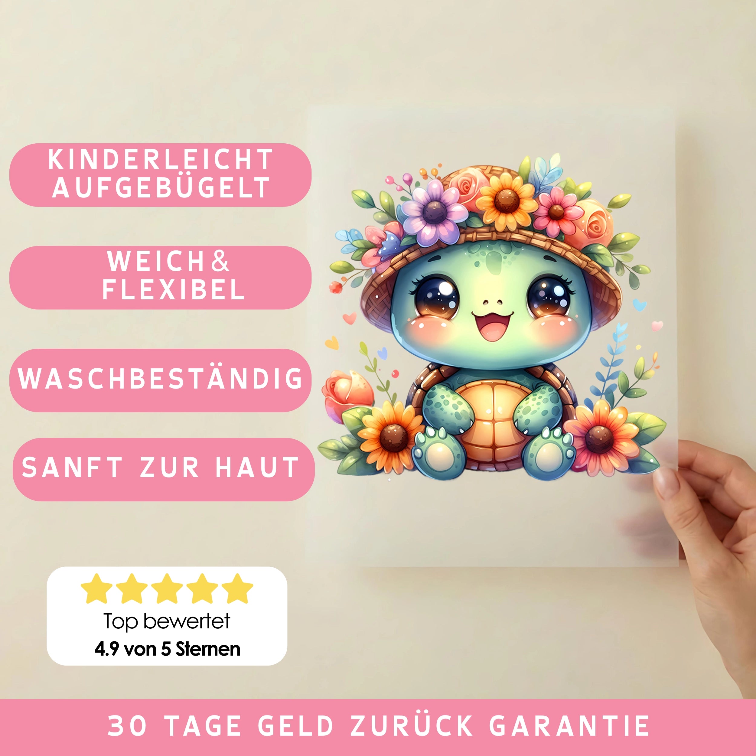 Bügelbild Schildkröte Blumentörtel