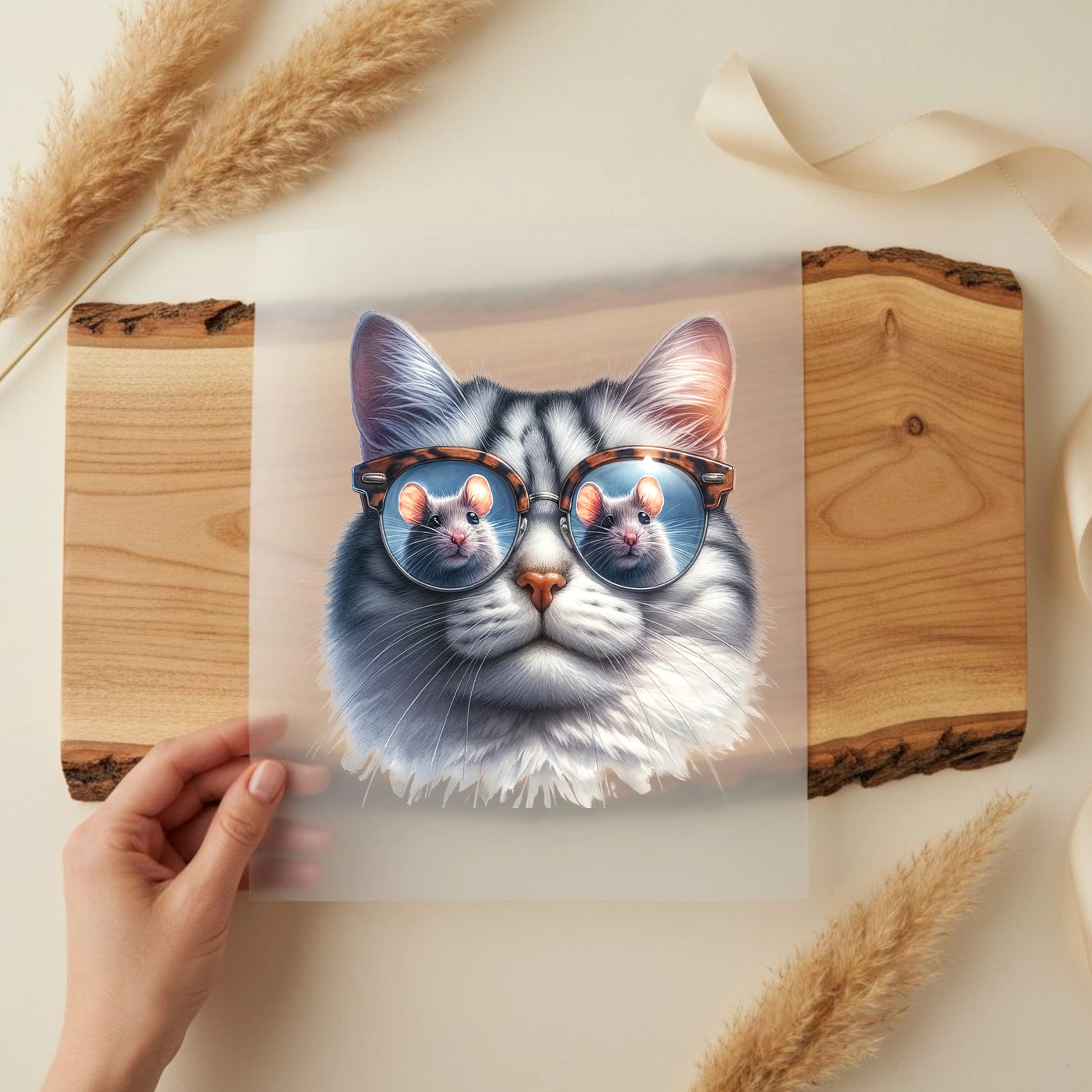 Bügelbild Brillen Katze Mausfänger