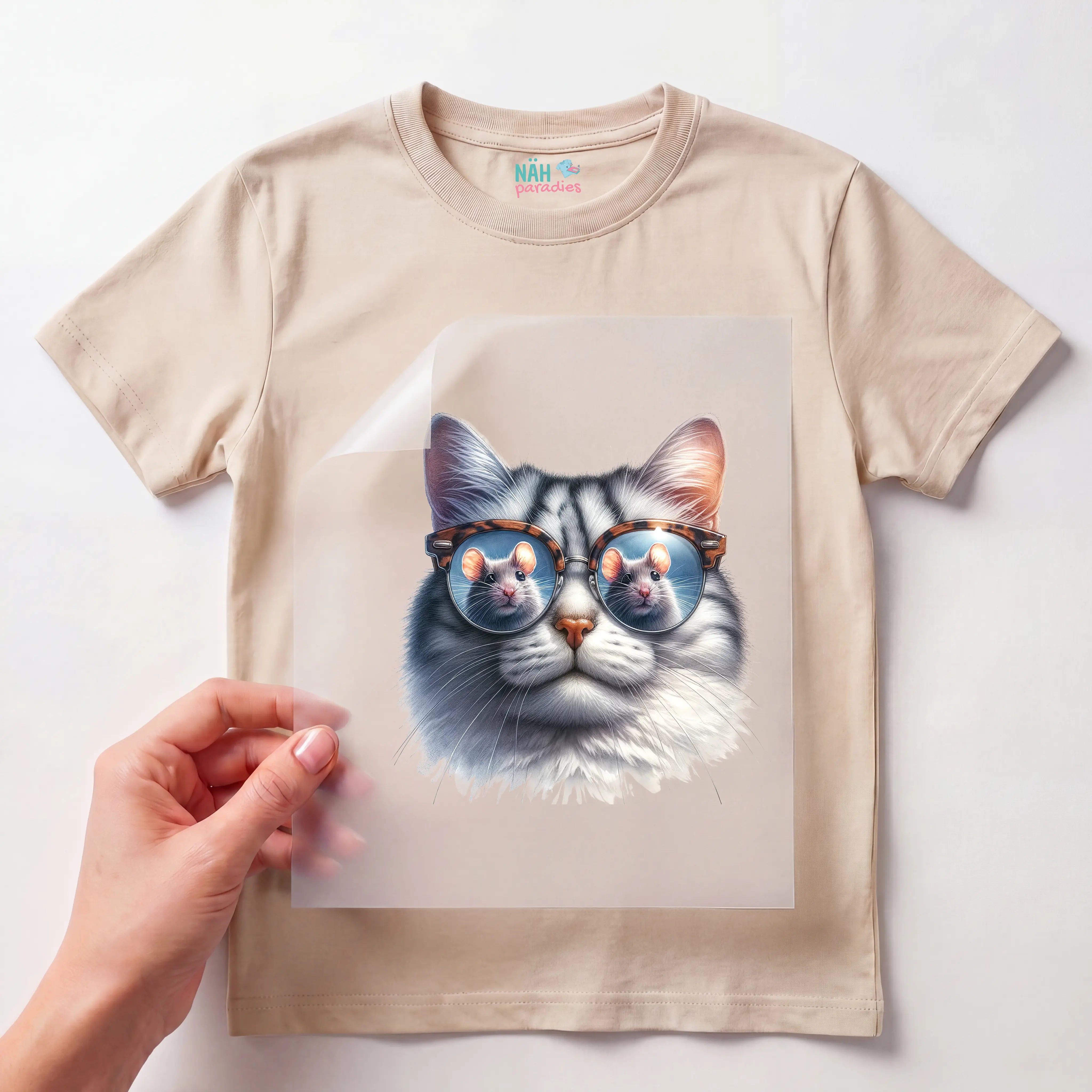 Bügelbild Brillen Katze Mausfänger