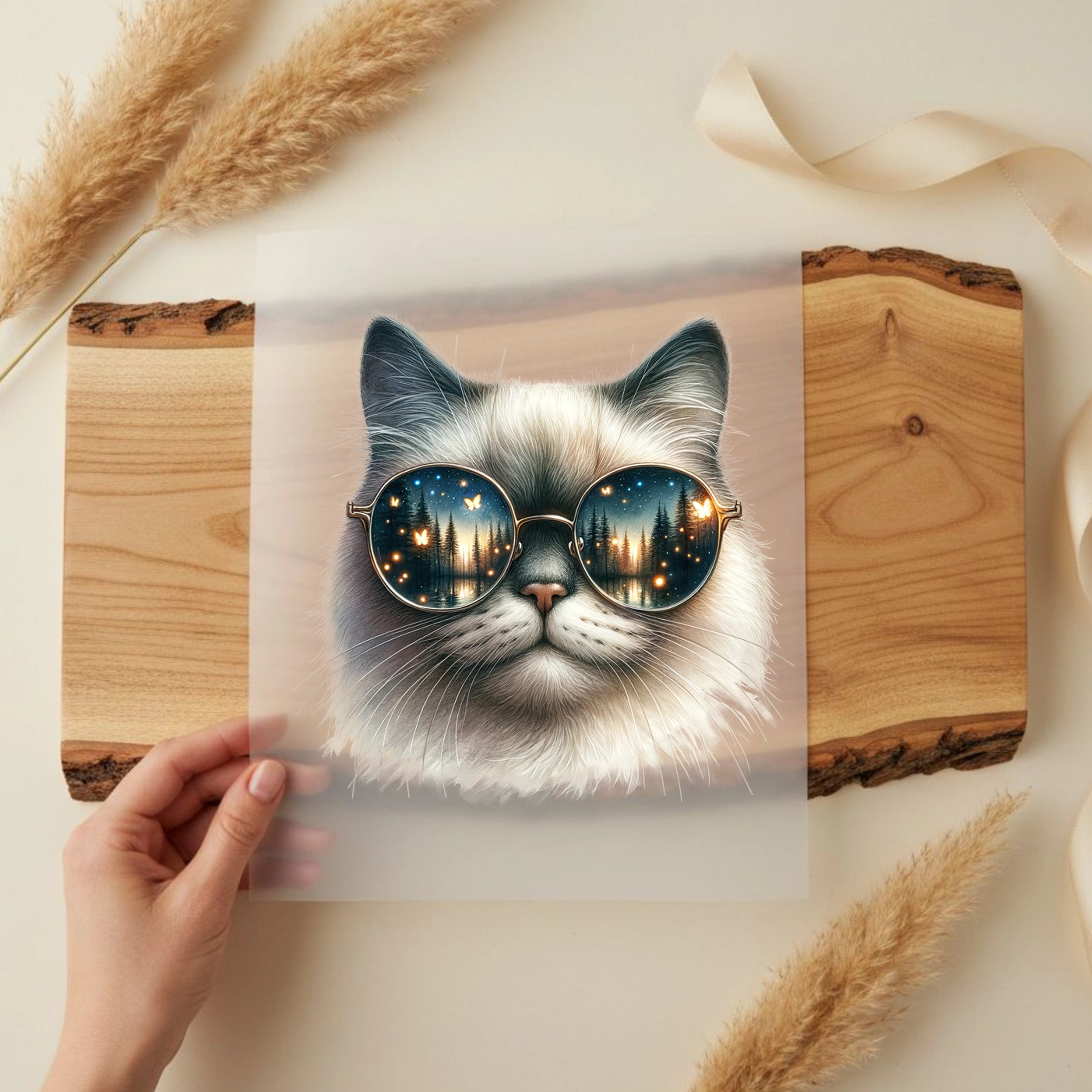 Bügelbild Brilllen Katze Schmetterling