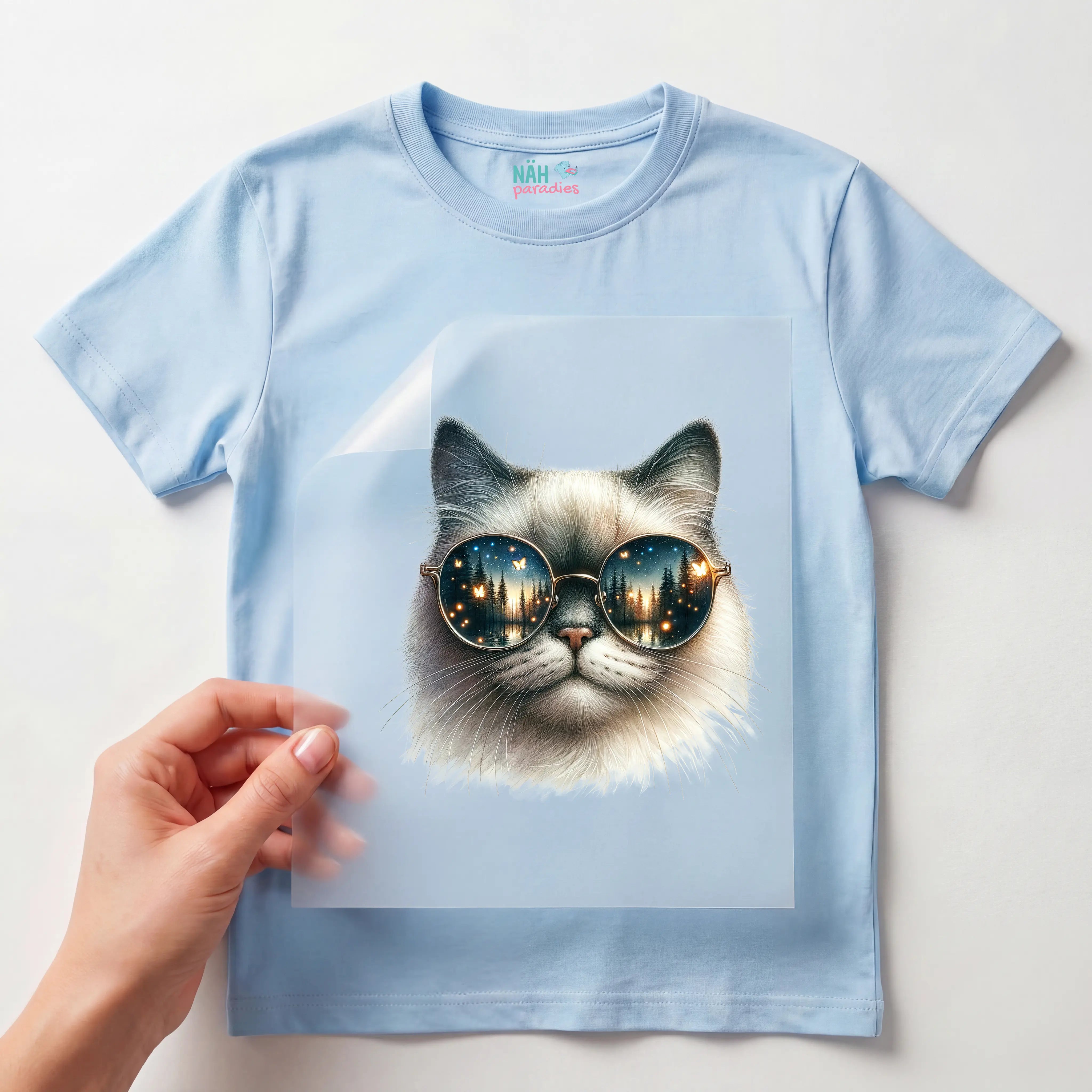 Bügelbild Brilllen Katze Schmetterling