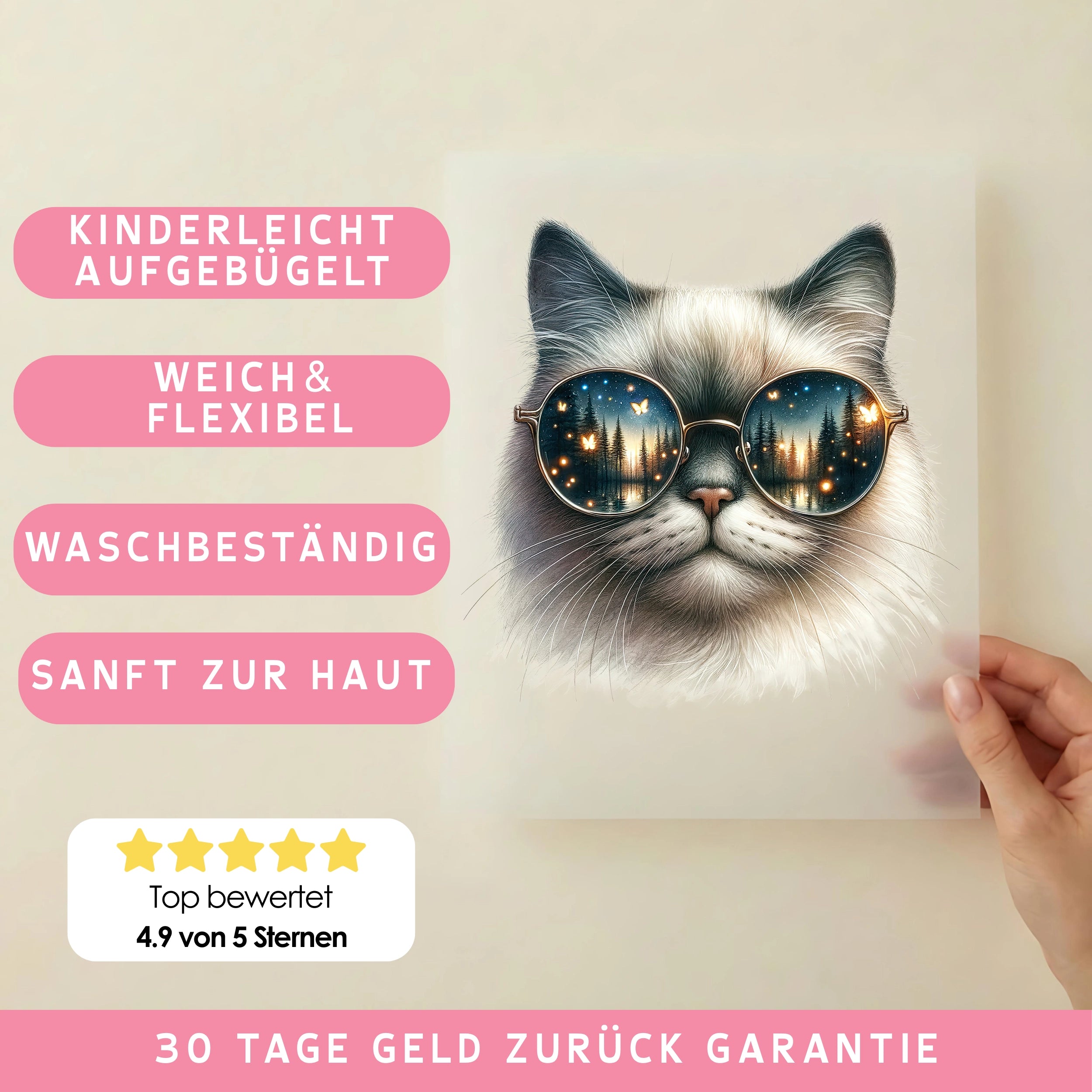 Bügelbild Brilllen Katze Schmetterling