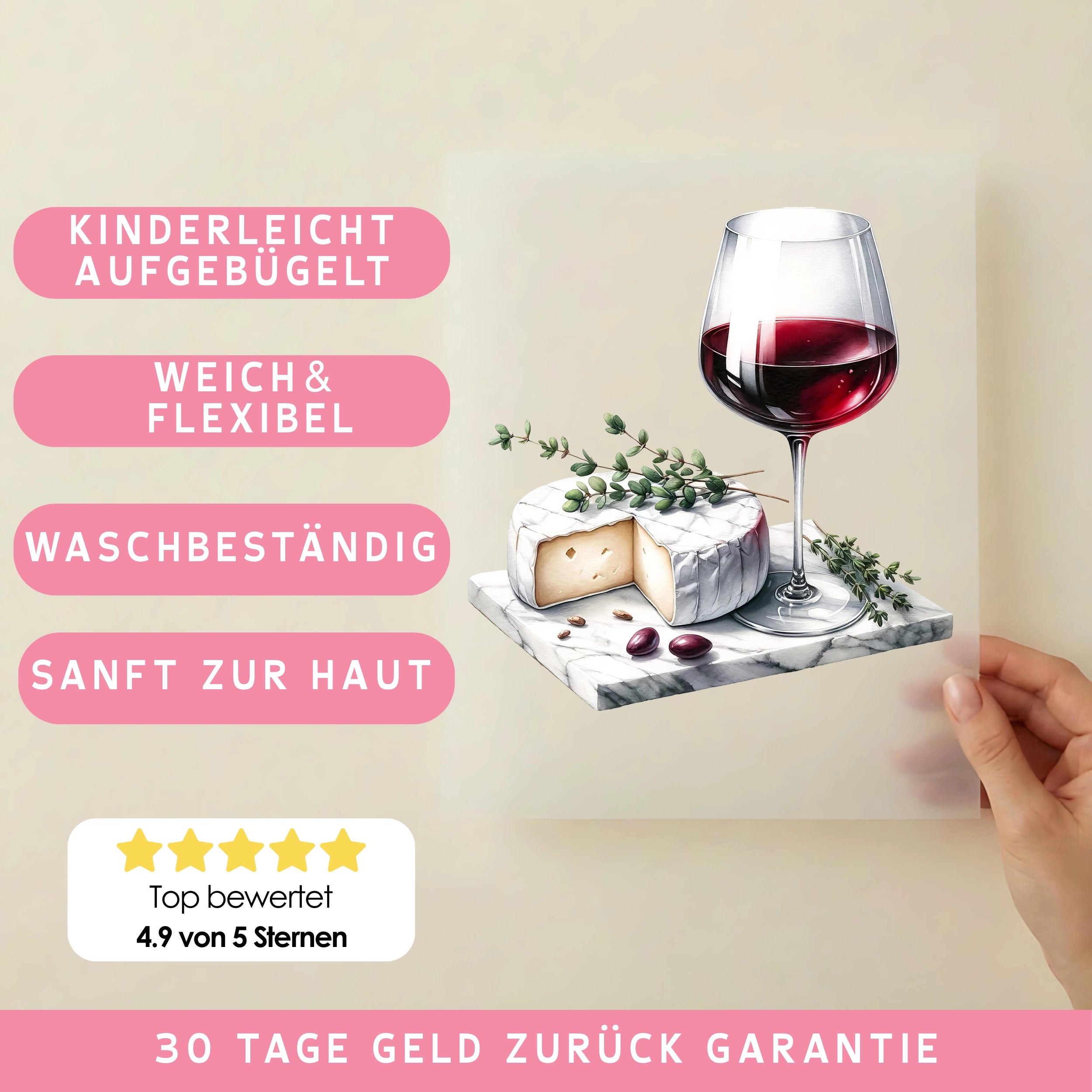 Bügelbild Wein und Käse