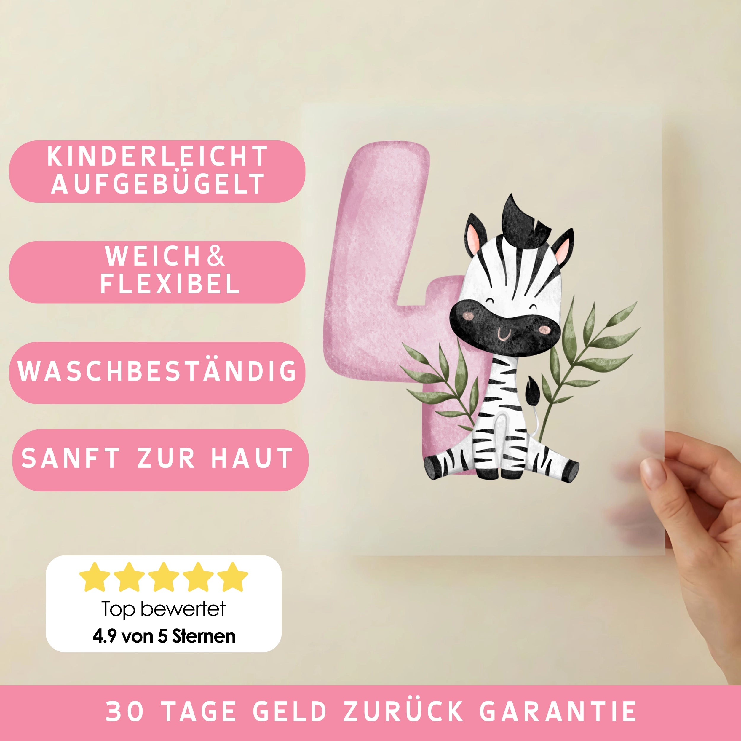 Bügelbild Zahl 4 Zebra