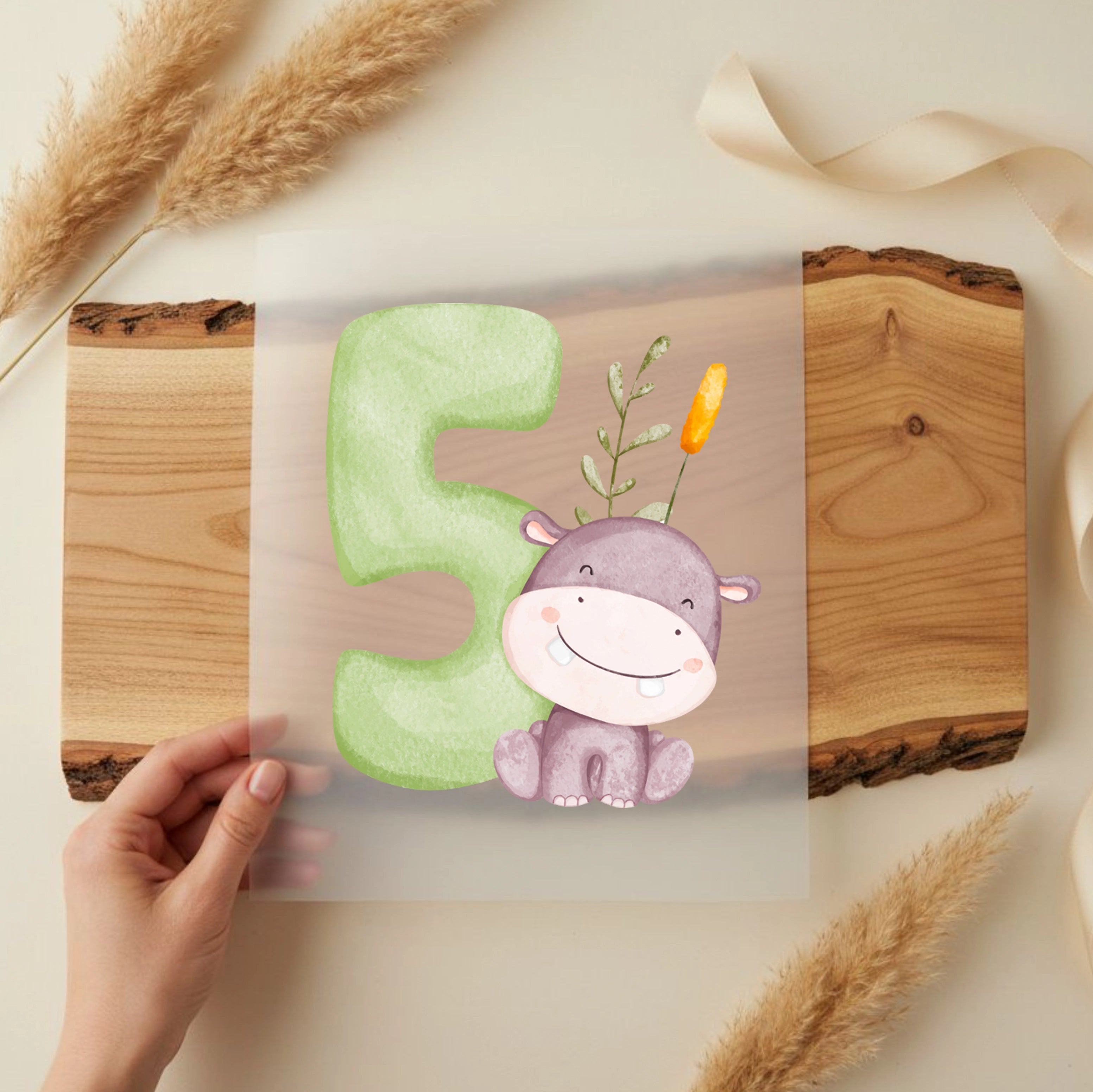 Bügelbild Zahl 5 Hippo Nilpferd