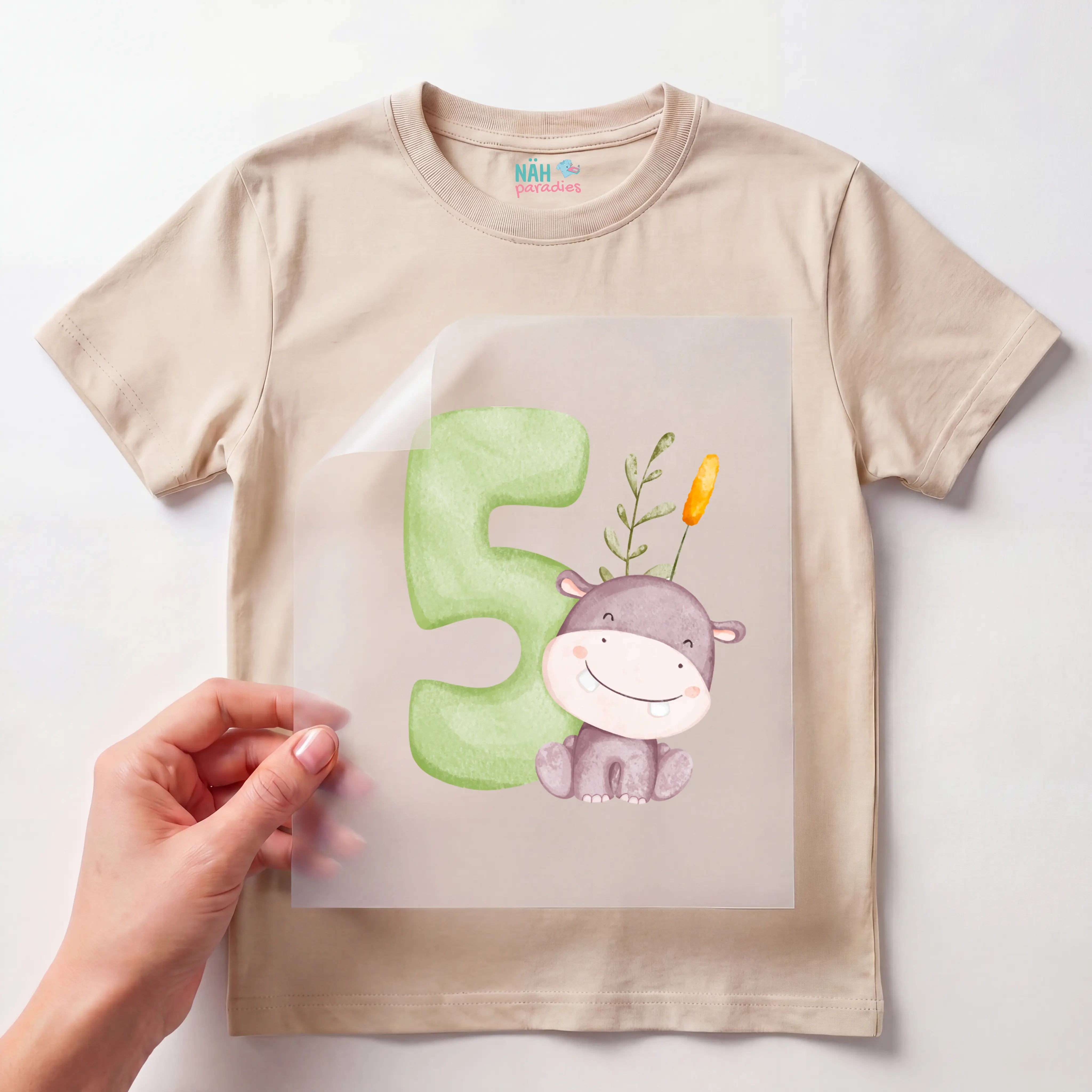 Bügelbild Zahl 5 Hippo Nilpferd