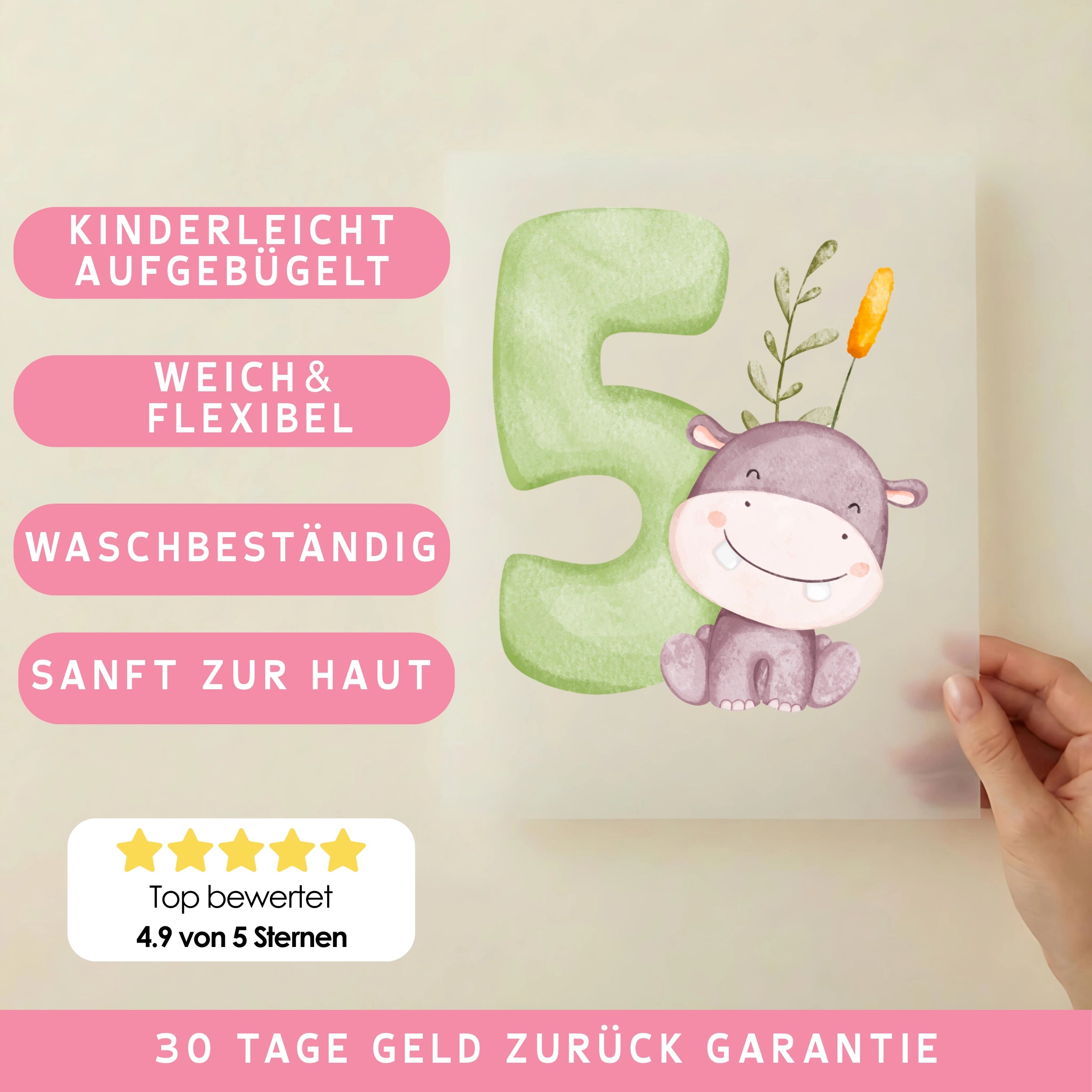 Bügelbild Zahl 5 Hippo Nilpferd