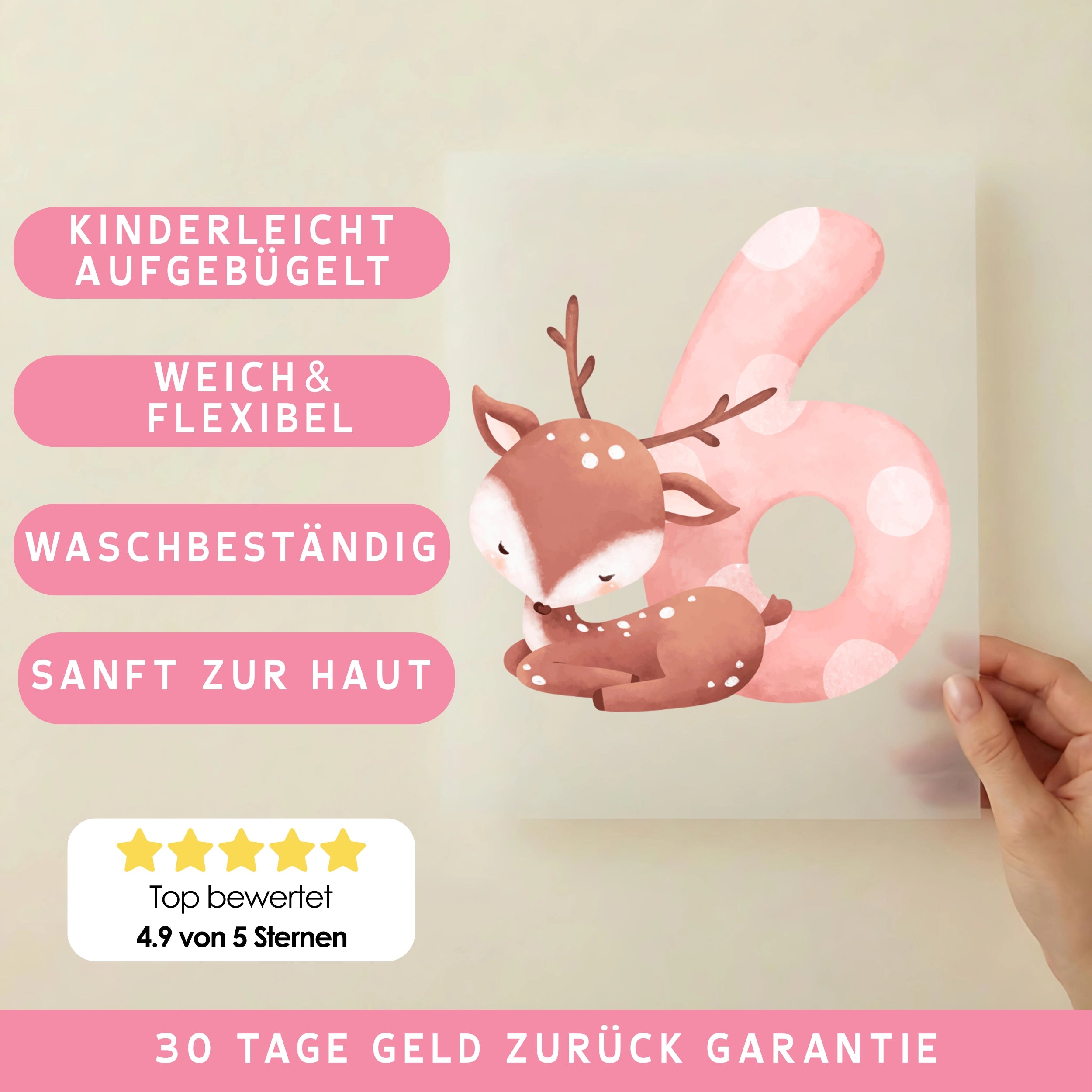 Bügelbild Zahl 6 Rentier