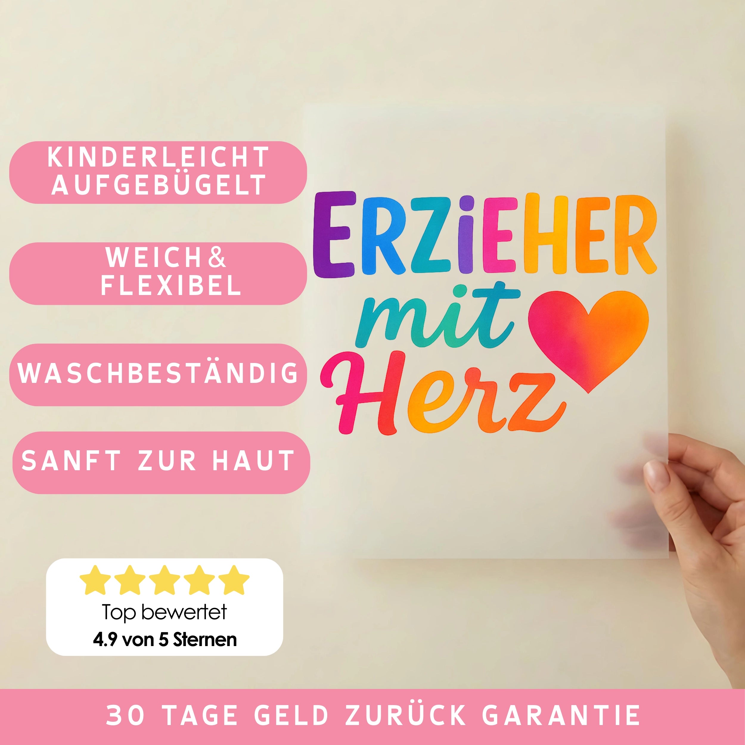 Bügelbild Erzieher mit Herz Regenbogen