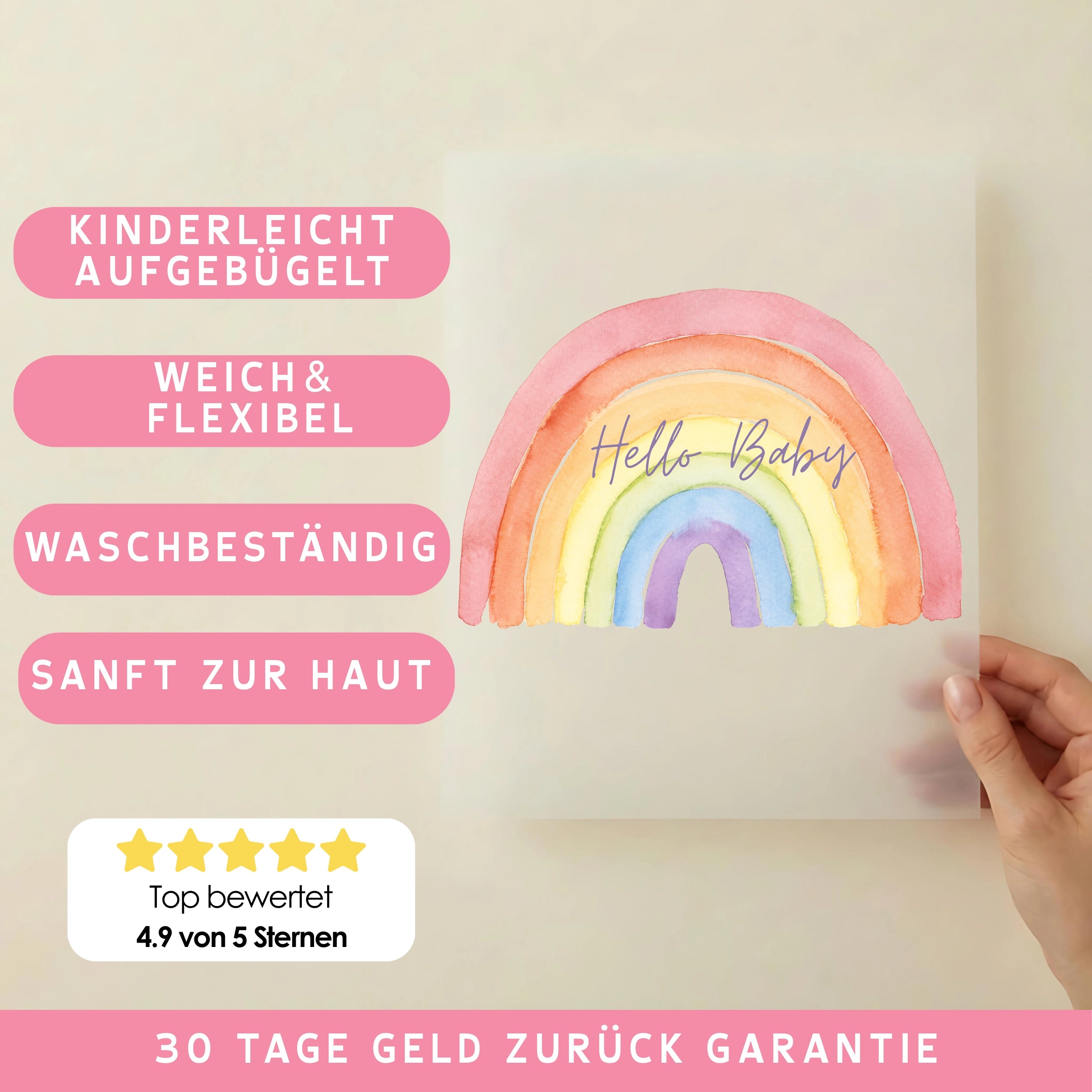 Bügelbild Aquarell Regenbogen Hello Baby