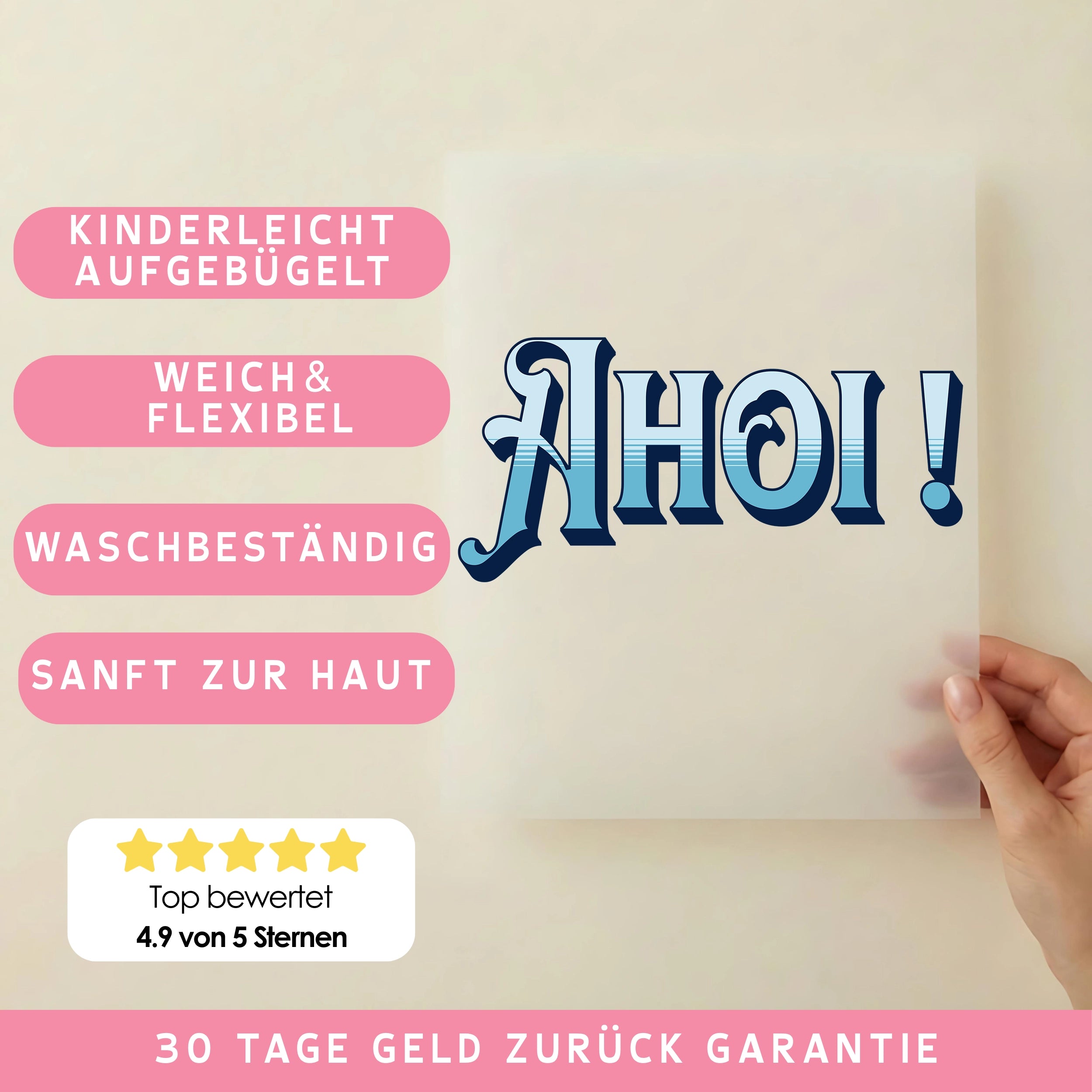 Bügelbild Schriftzug Ahoi Blau
