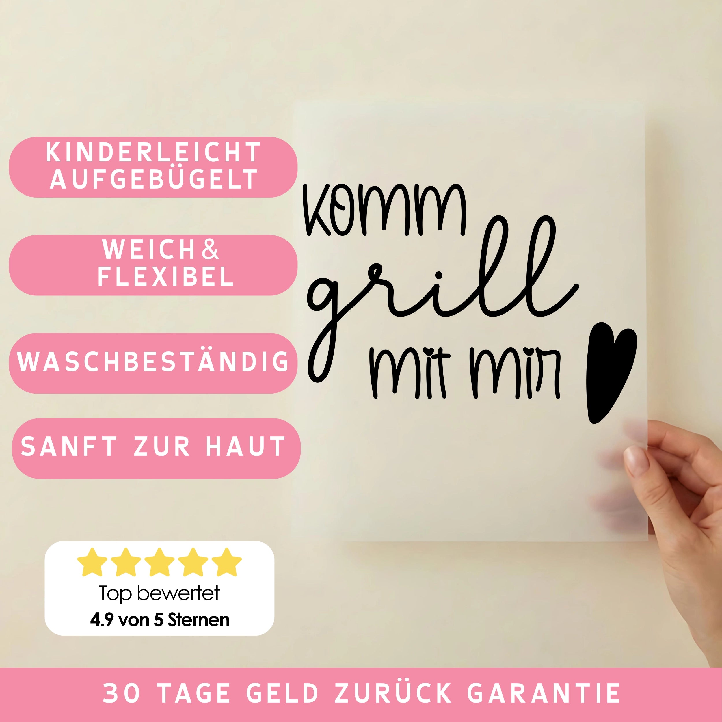 Bügelbild Schriftzug Komm grill mit mir