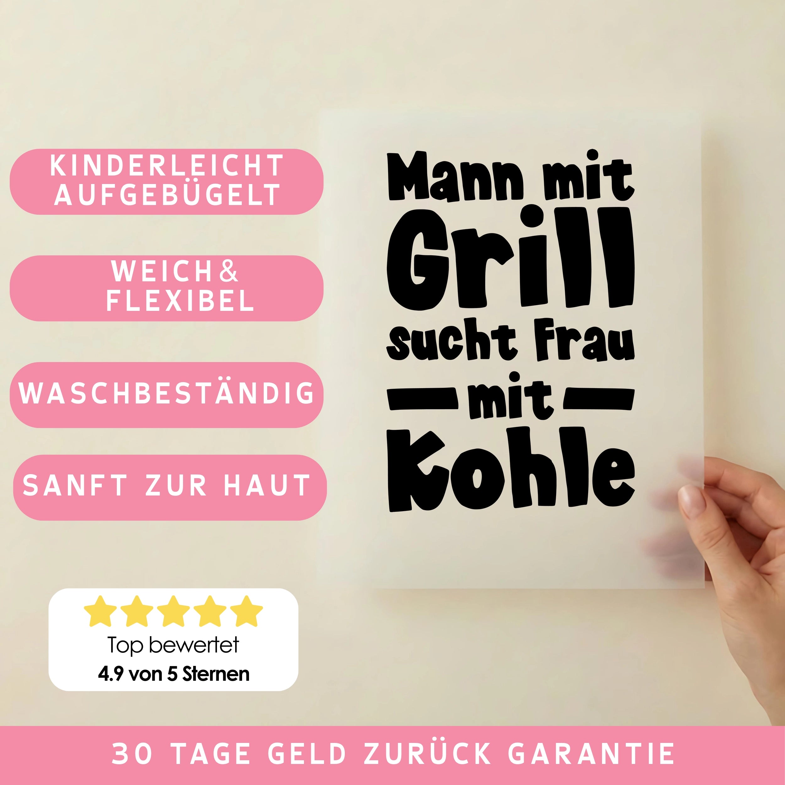 Bügelbild Schriftzug Mann mit Grill