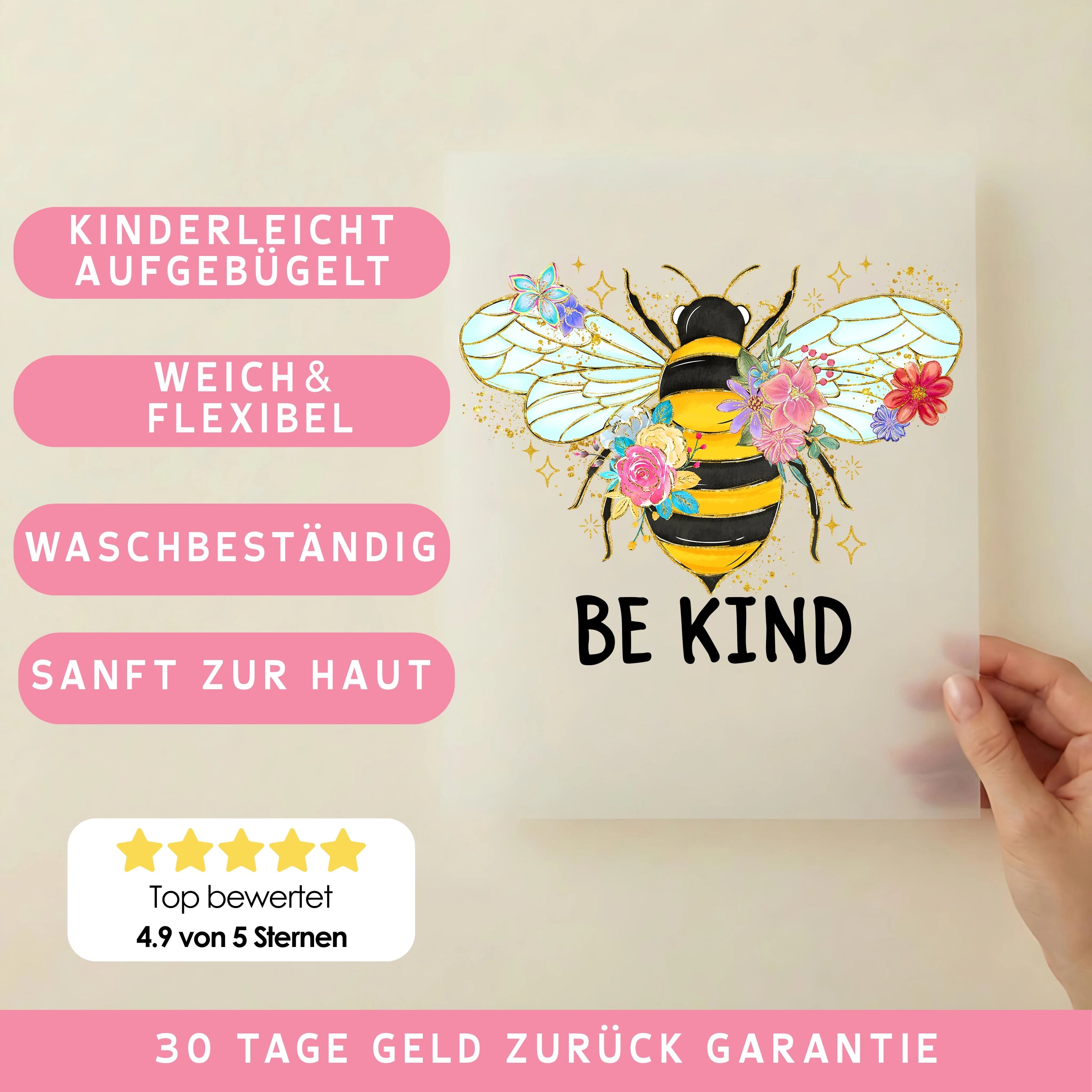 Bügelbild Hummel BE KIND