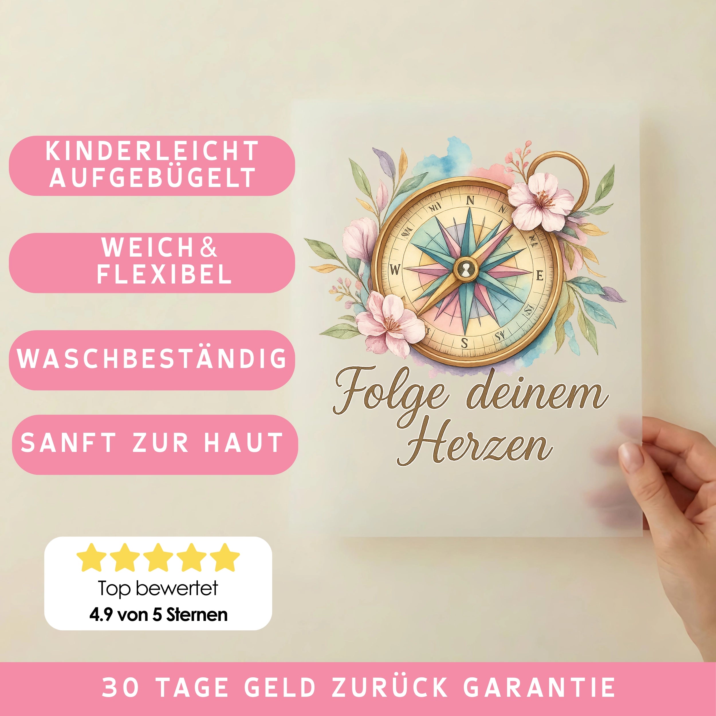 Bügelbild Kompass Folge deinem Herzen